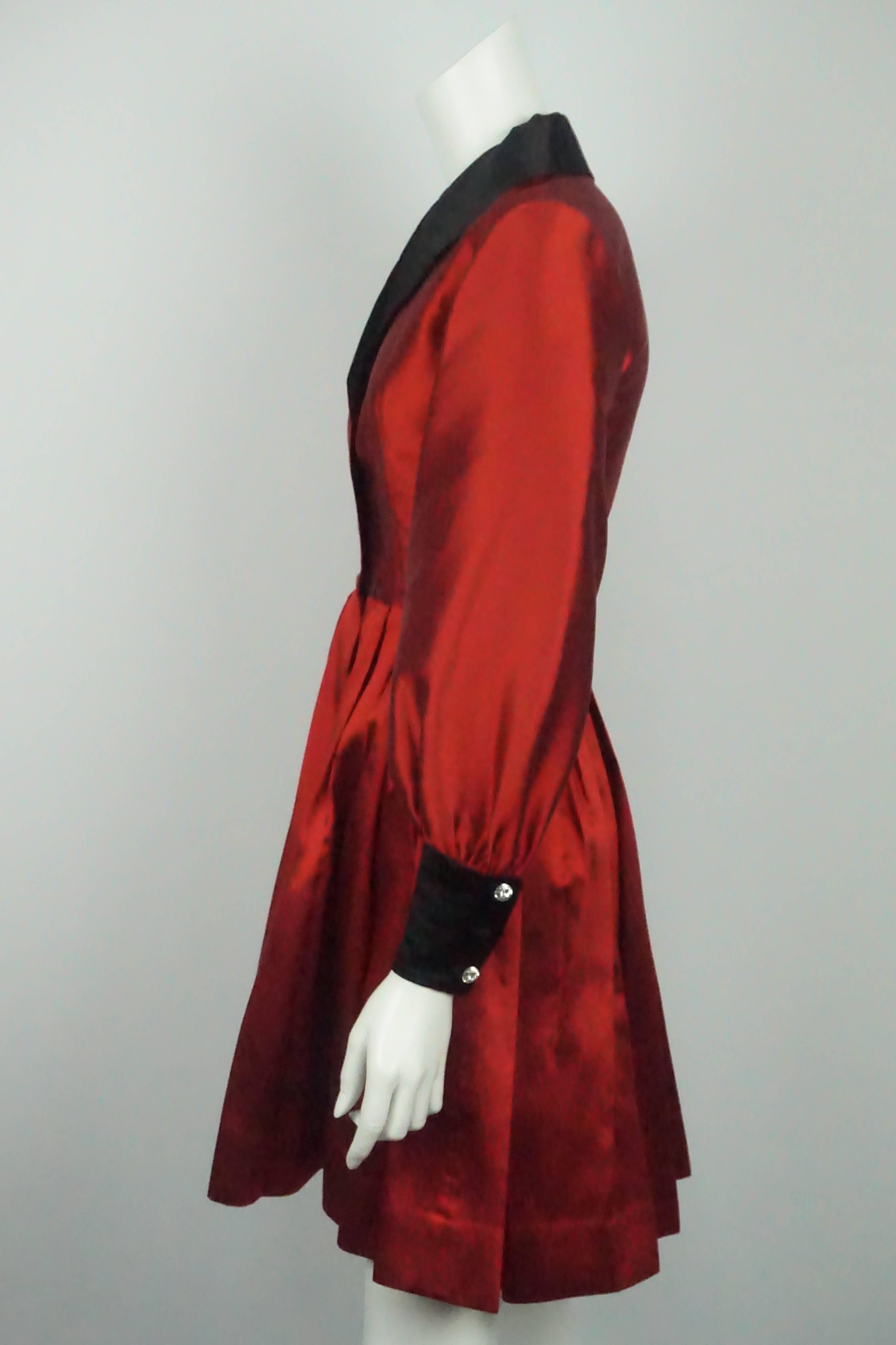 James Purcell Red and Black Silk L/S Gem Button Dress - 4  This silk dress is in excellent condition. The dress has a single gem button in the middle of the top. There are also two hook and eye for the closure in the front at the waist. The skirt is