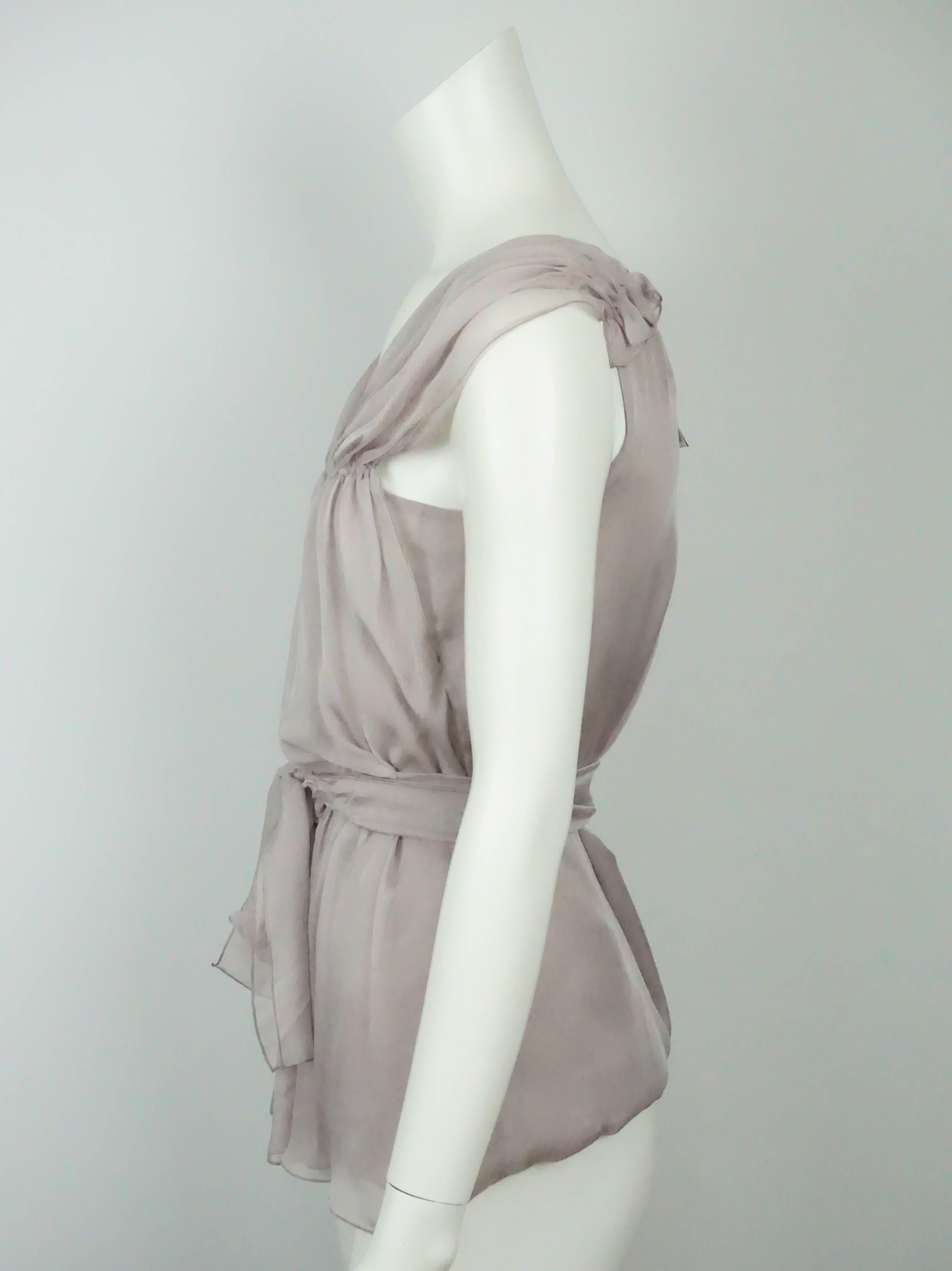 Alberta Feretti Mauve Sleeveless Chiffon Top - 2   This beautiful silk chiffon top is in excellent condition. The entire top has a drape effect to it and drapes in three layers. In the front of the near the waist there is extra fabric that wraps