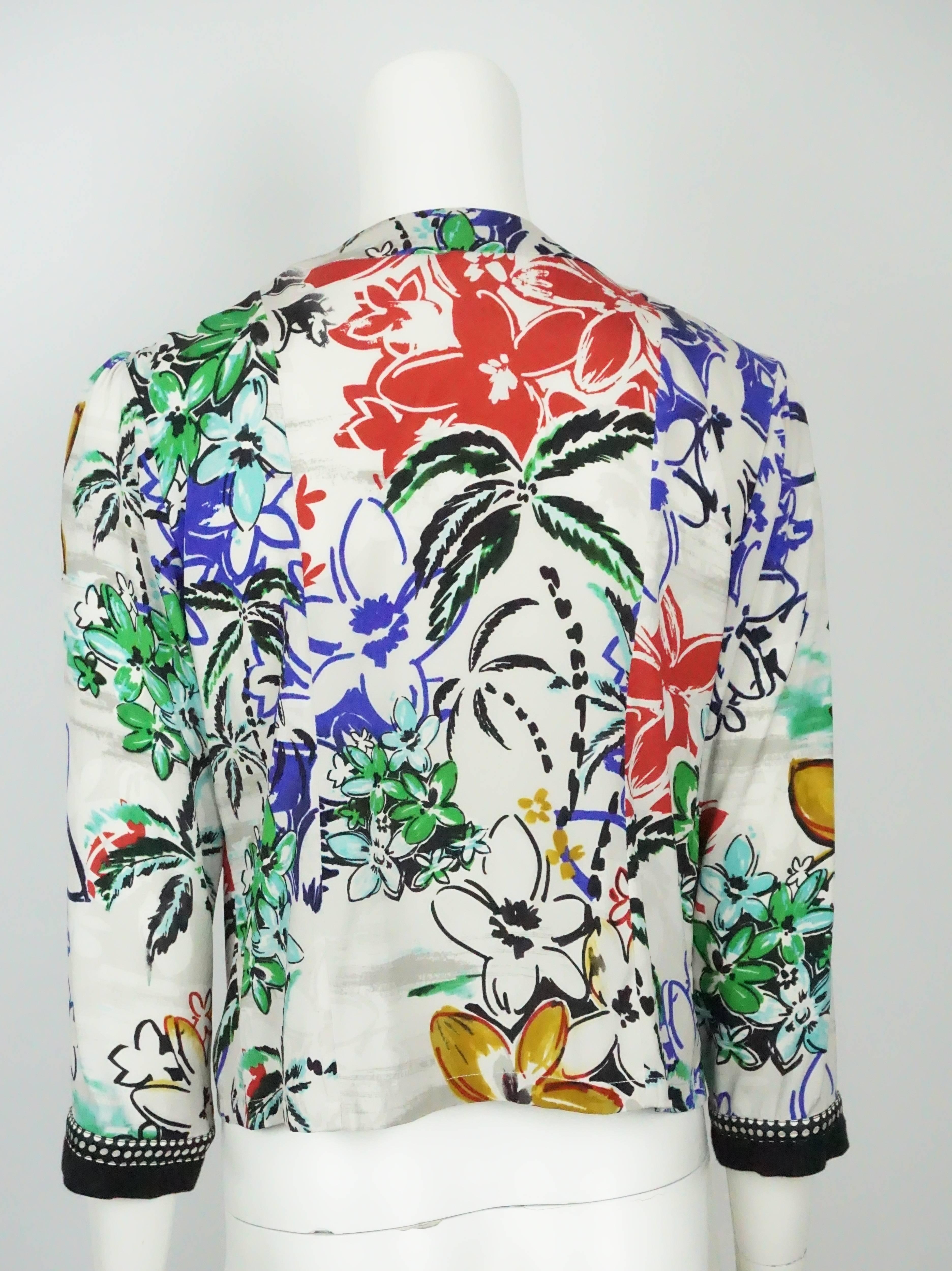 Gray Etro White and Multi Floral Silk Print Top 