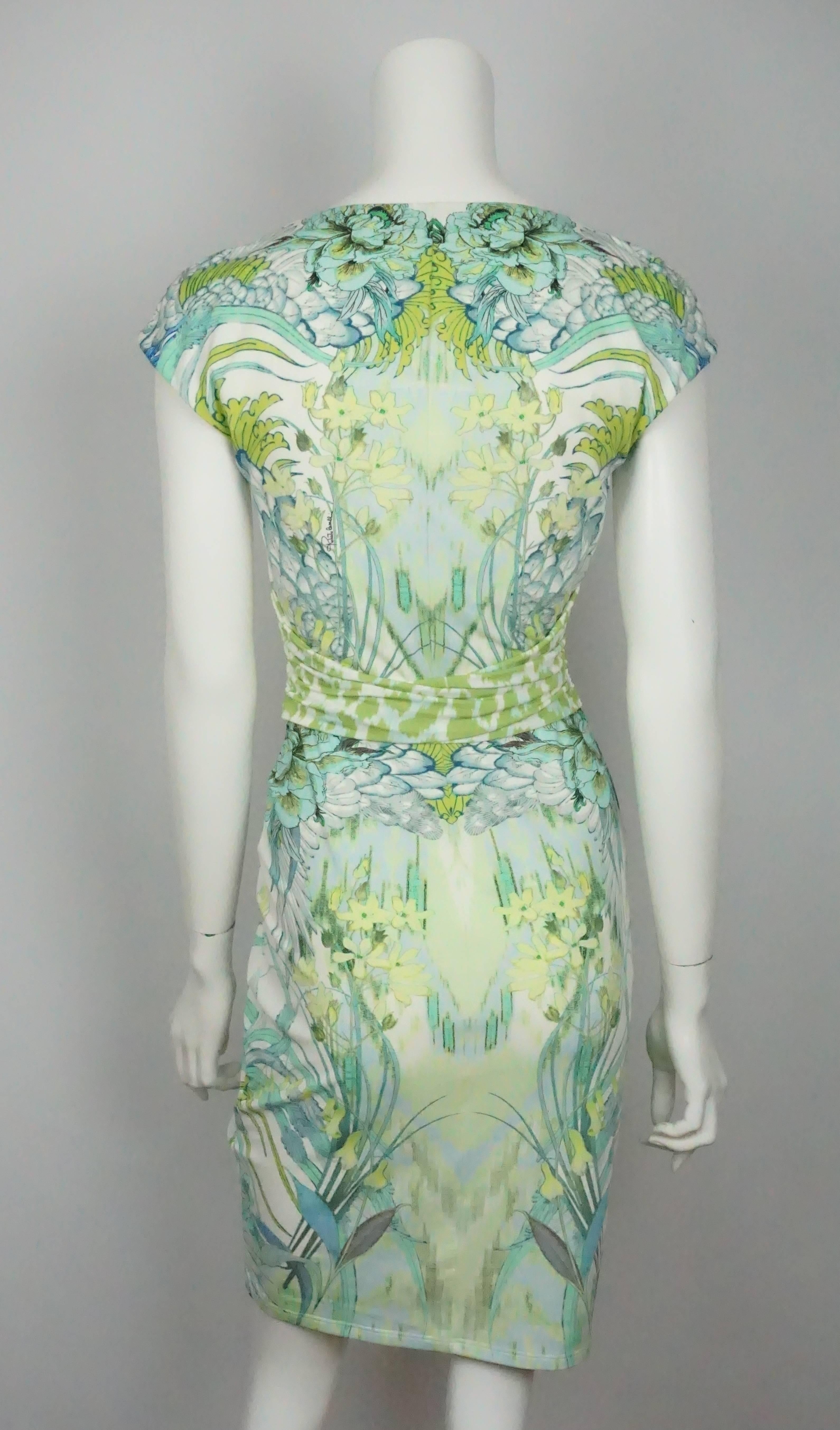 Roberto Cavalli Weißes Jersey-Kleid mit kurzen Ärmeln und grünem Druck  (Grün) im Angebot