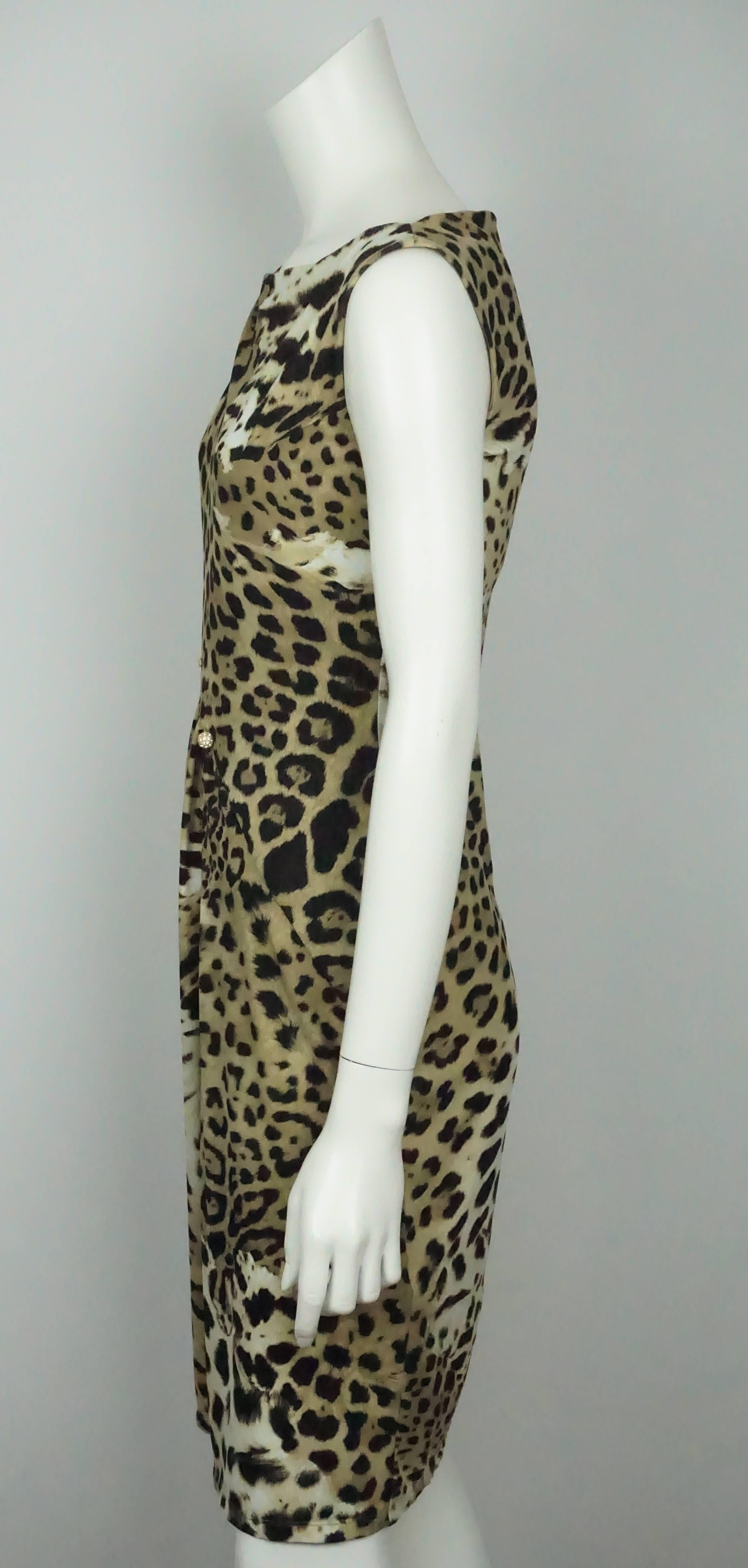 Roberto Cavalli Earthtone Animal Print Jersey Sleeveless Dress - 42  This leopard print sleeveless dress is made of jersey and has two pleats on the right shoulder. It has an asymetrical cut along the front of the dress with an inverted pleat at the