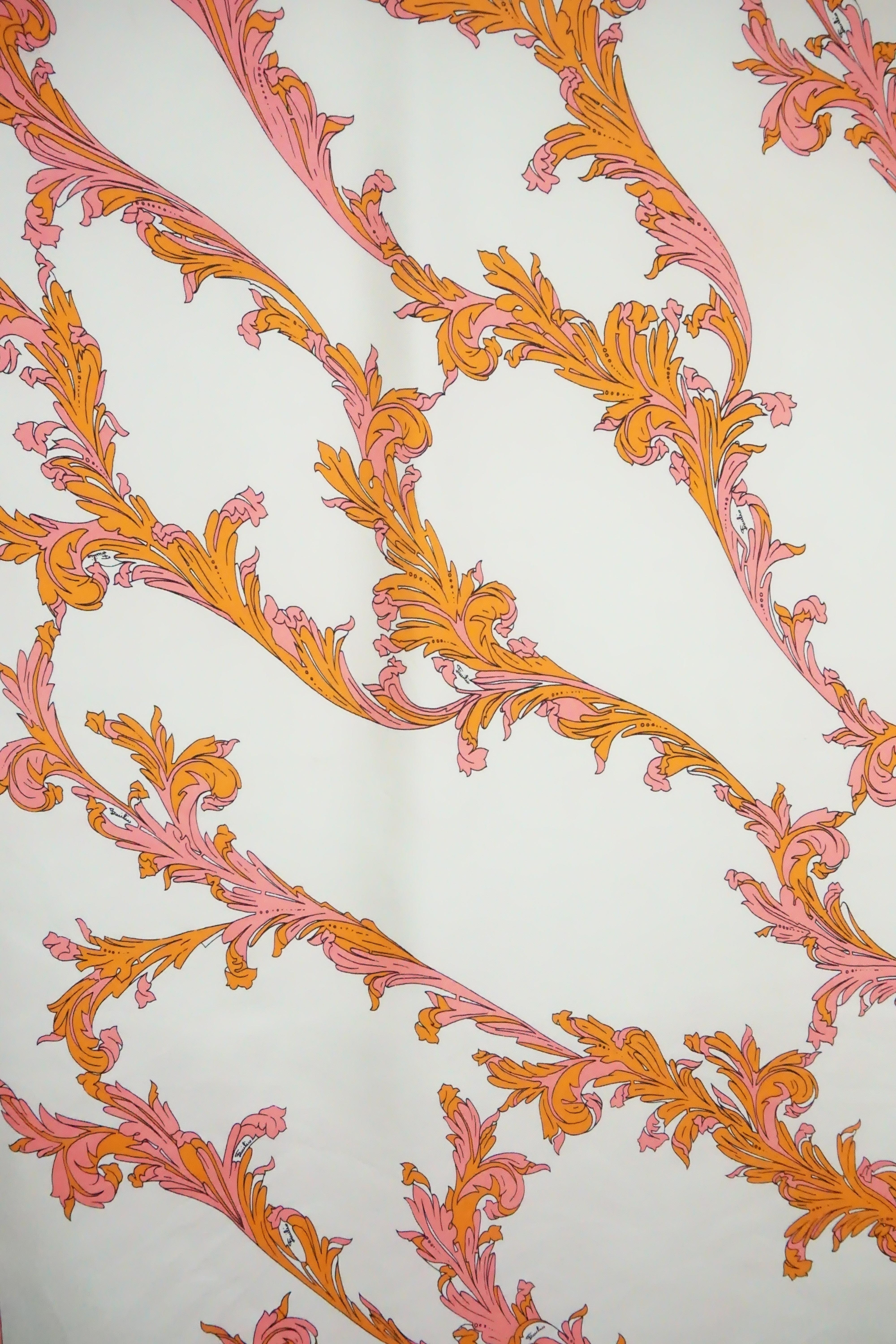 Beige Emilio Pucci Vintage Pink and Orange Print Silk Scarf, Circa 1970s