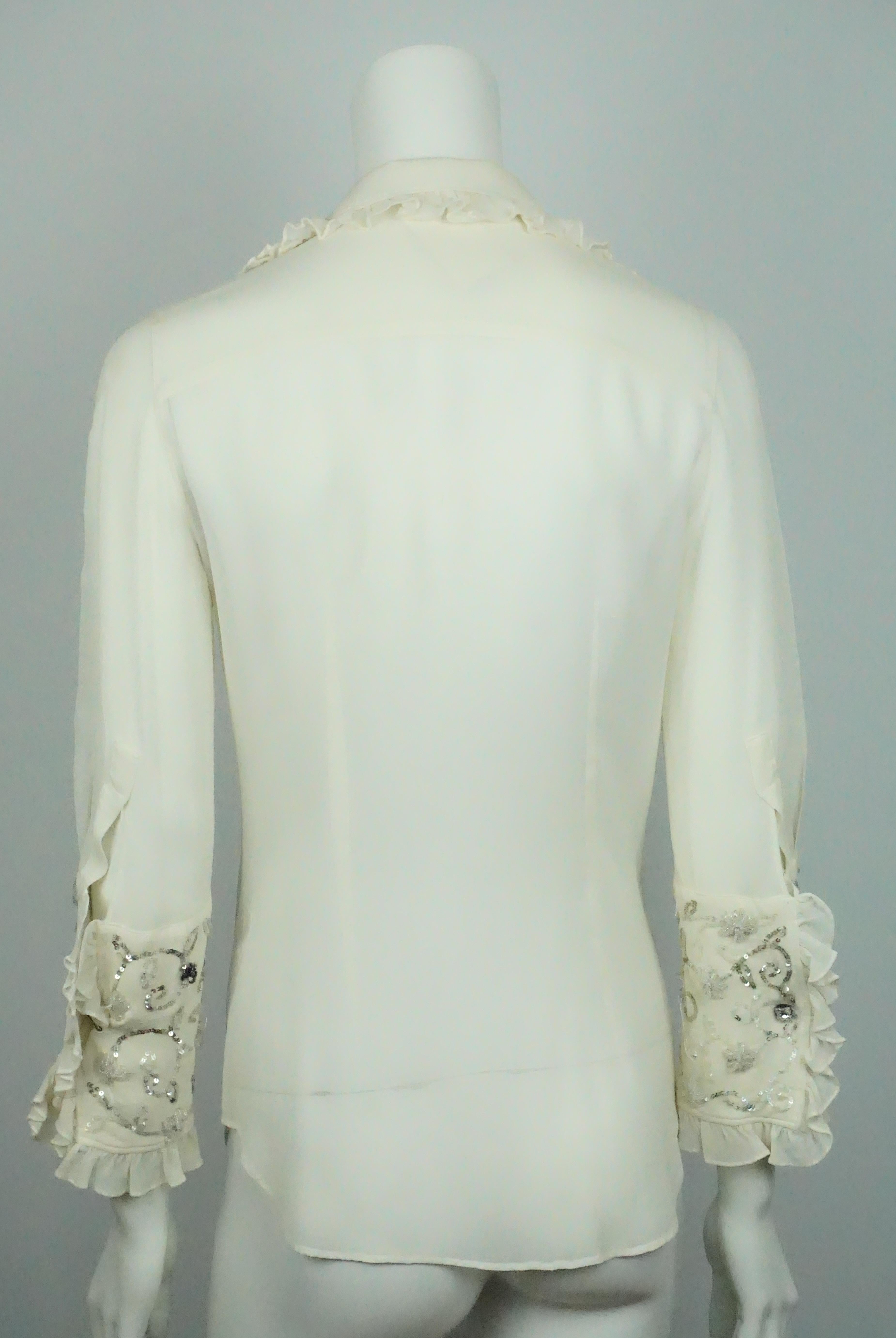 Dolce & Gabbana Ivory Silk Chiffon Top w/ Beaded Details - Medium In Excellent Condition In West Palm Beach, FL