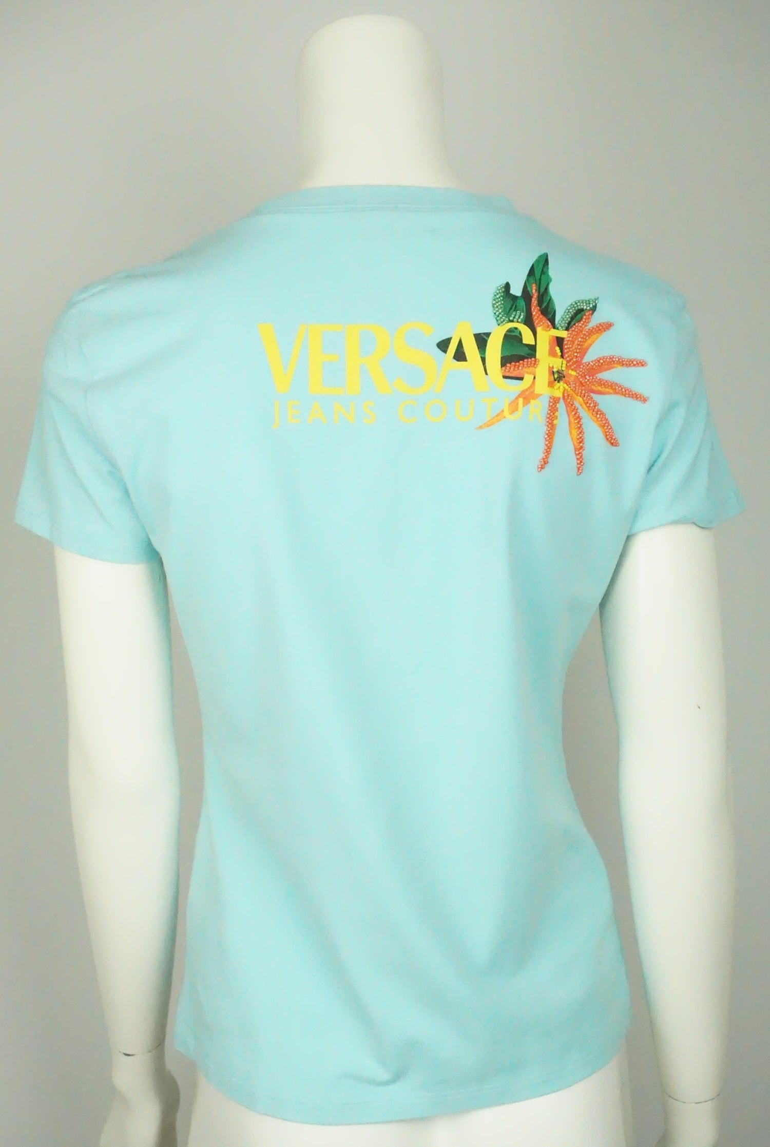 Versace Jeans Couture Baby Blue Shirt w/ Beading and Tropical 
