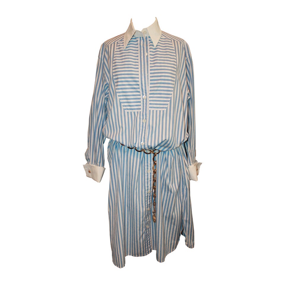 Chanel Sky Blue and White Striped Shirt Dress - L at 1stdibs