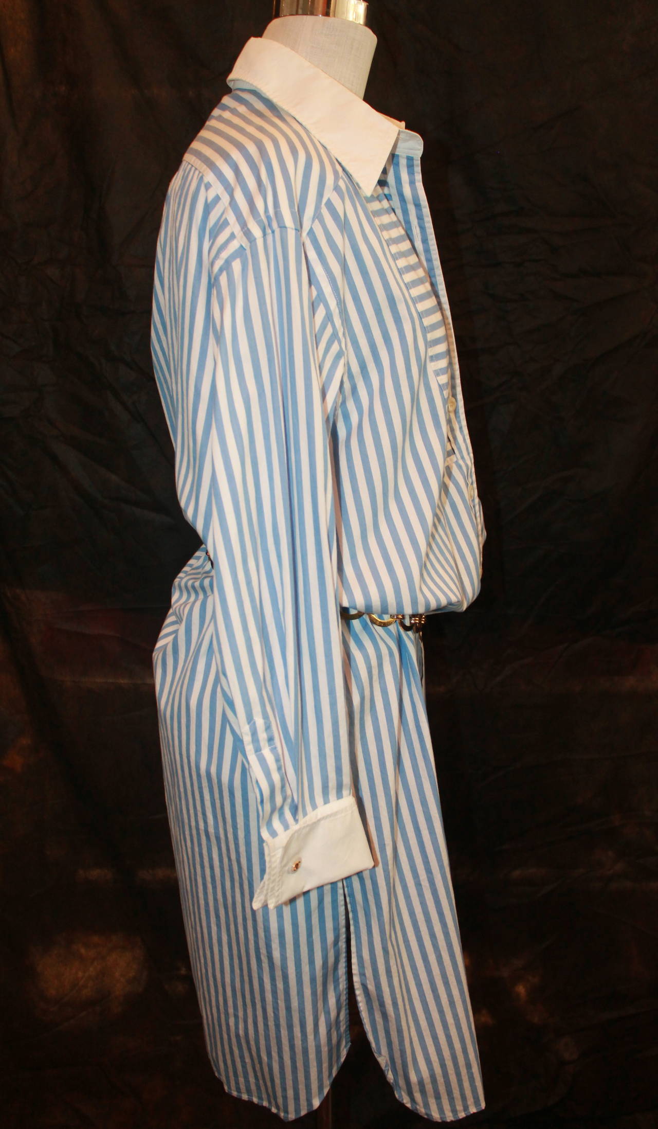 Women's Chanel Sky Blue & White Striped Shirt Dress - L
