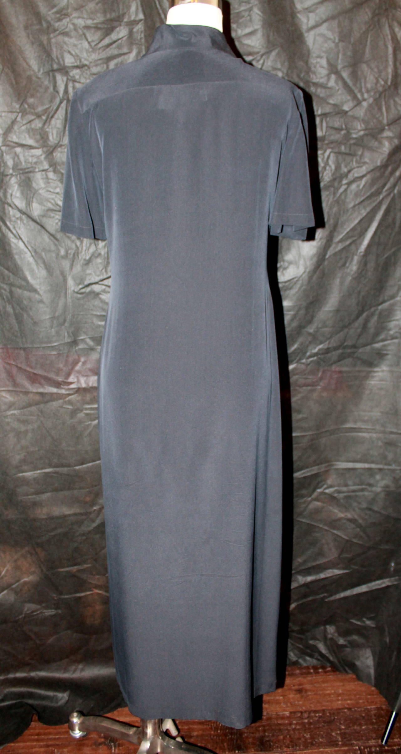 Chanel 1990s Navy Silk Short Sleeve Long Shirt Dress In Good Condition In West Palm Beach, FL