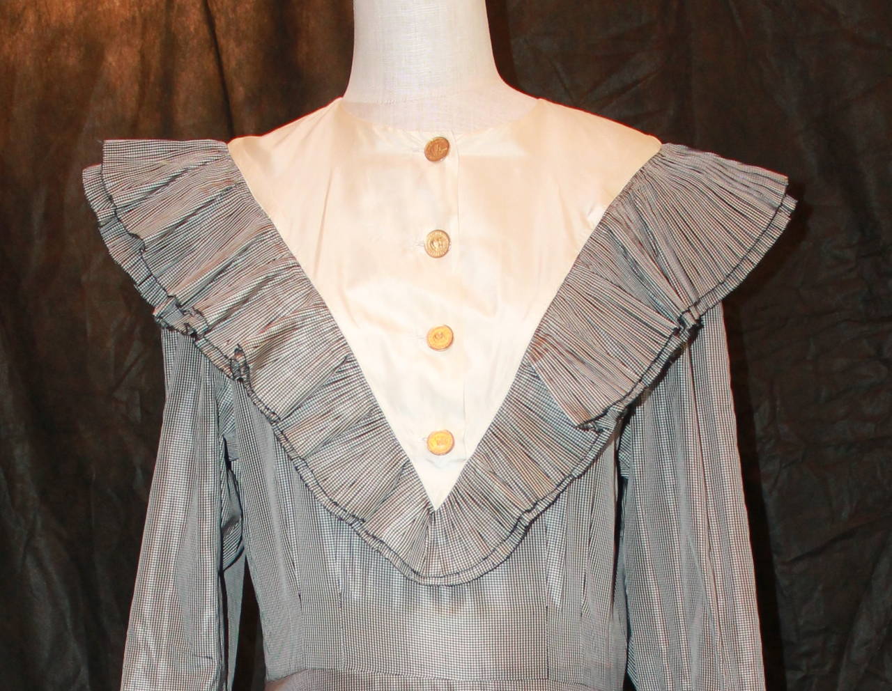 Chanel 1980s Couture Checkered Print Victorian Style Gown