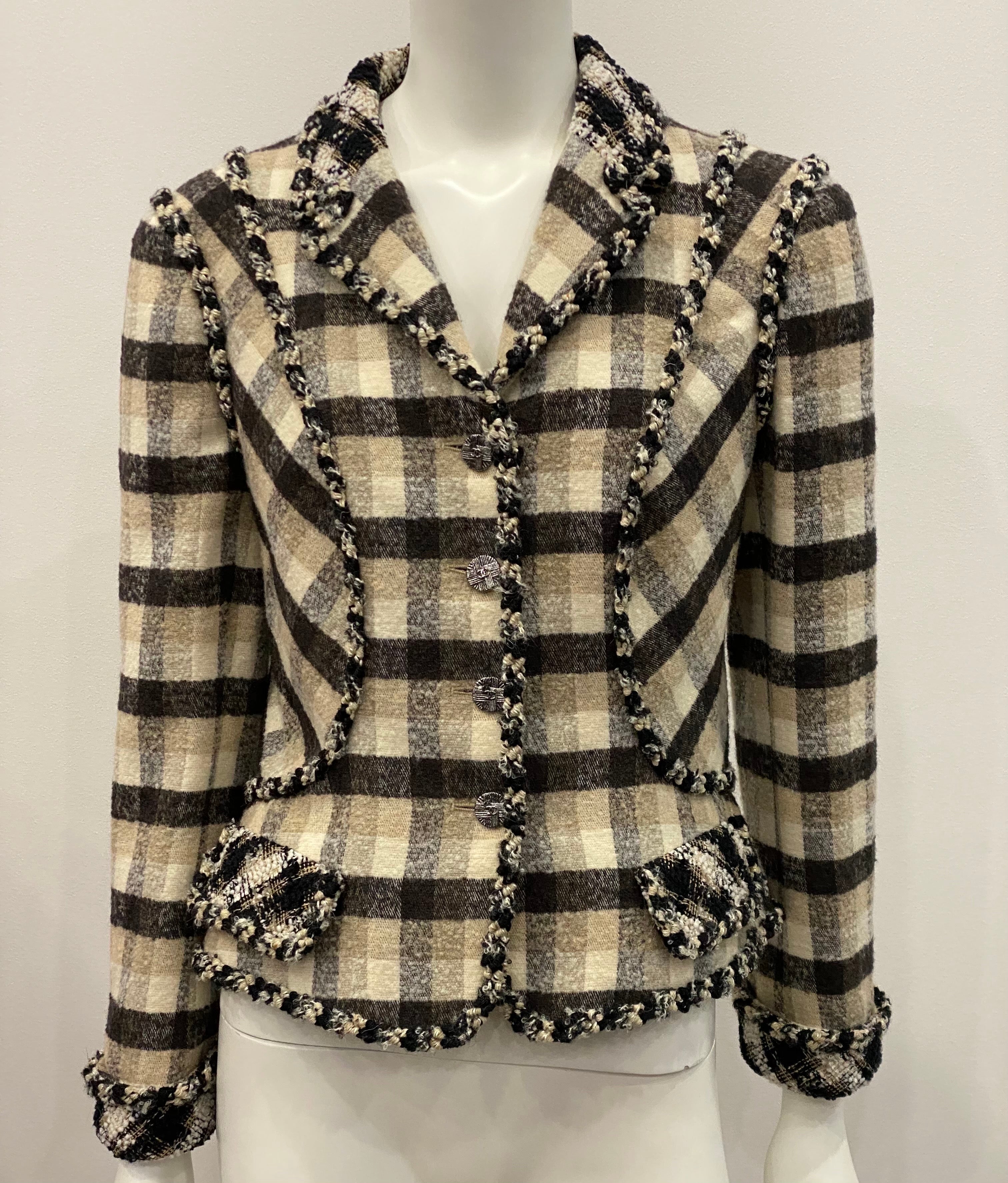 Chanel Tan/Black/Ivory Plaid Wool Blend Jacket - Size 40 - Circa 06A This spectacular Chanel piece from the 2006 Autumn Collection is a one of a kind. The jacket has 4 front Silver/Gunmetal buttons with 2 Flap and Button Hole Functional Pocket. The