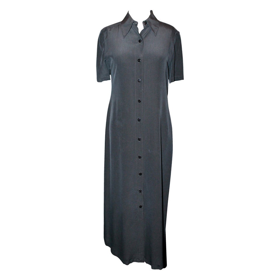 Chanel 1990s Navy Silk Short Sleeve Long Shirt Dress