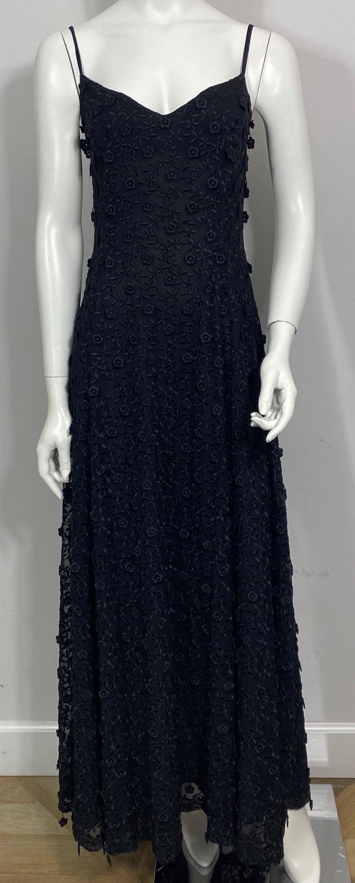Escada Couture 1990’s Black Embroidered Applique Gown-Size 36 For Sale