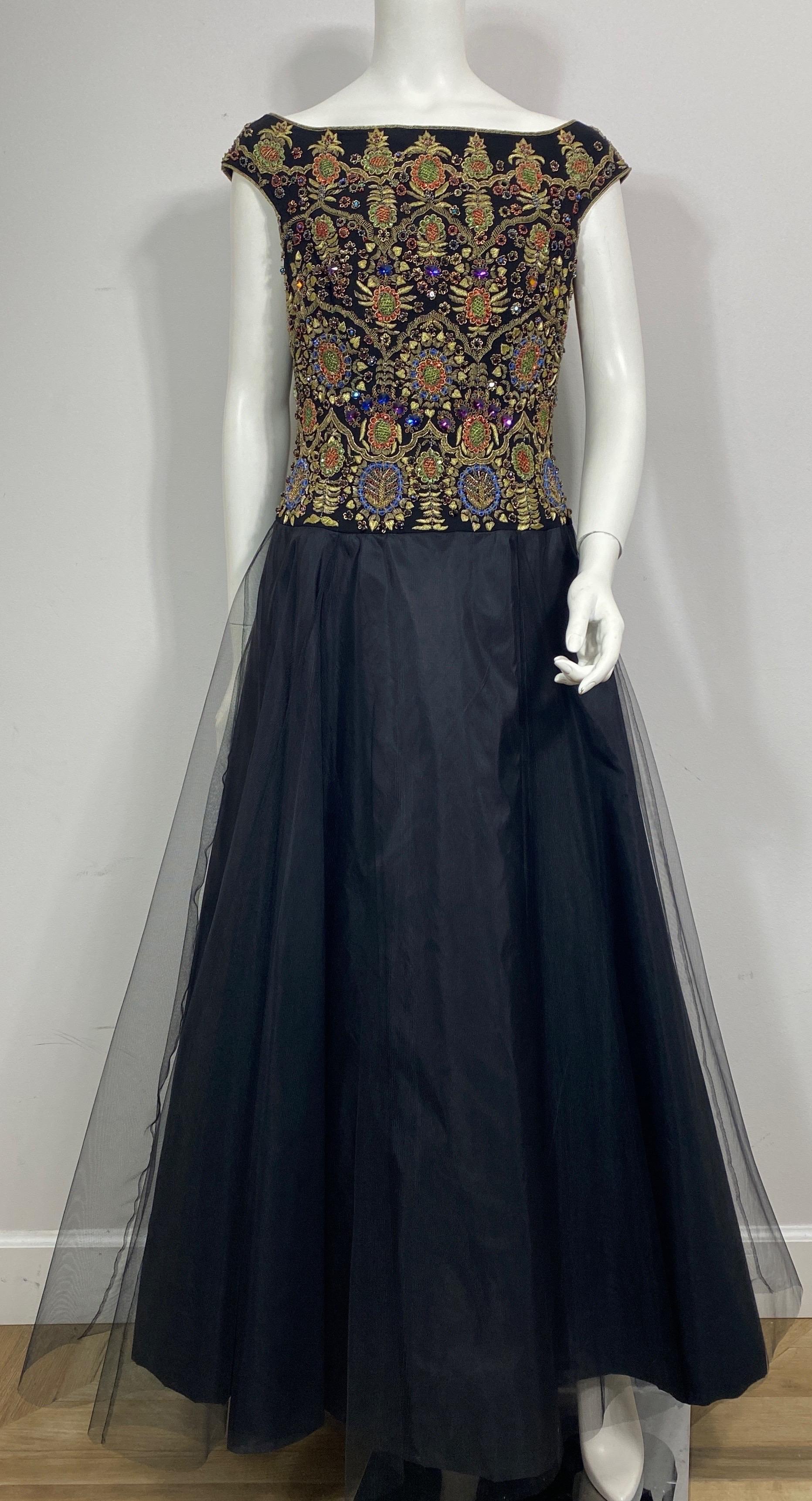 Escada 1990’s Black Silk and Tulle Gown w/ Heavily Beaded Bodice - Size 38 In Excellent Condition For Sale In West Palm Beach, FL