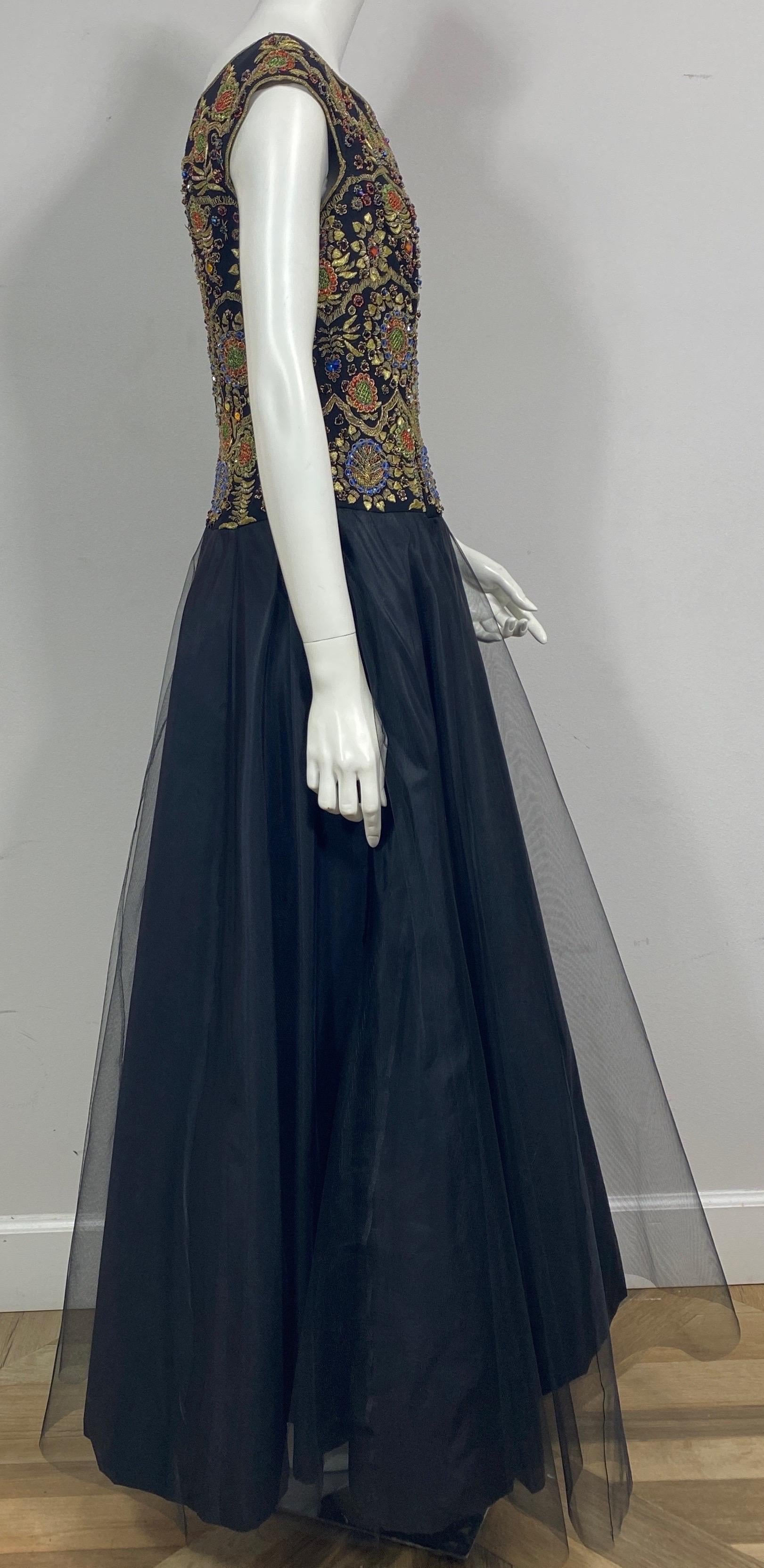 Escada 1990’s Black Silk and Tulle Gown w/ Heavily Beaded Bodice - Size 38 For Sale 4