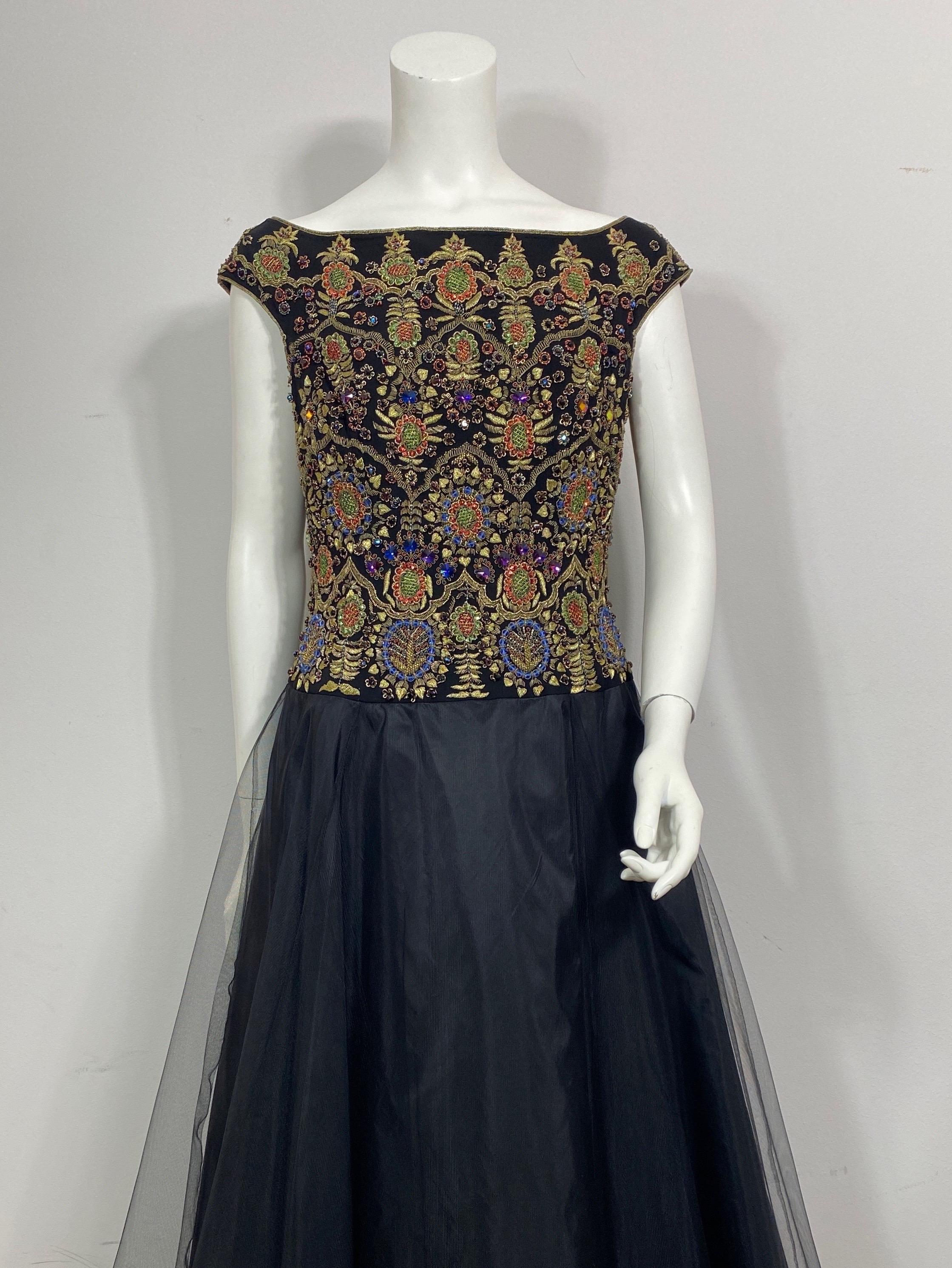 Women's Escada 1990’s Black Silk and Tulle Gown w/ Heavily Beaded Bodice - Size 38 For Sale