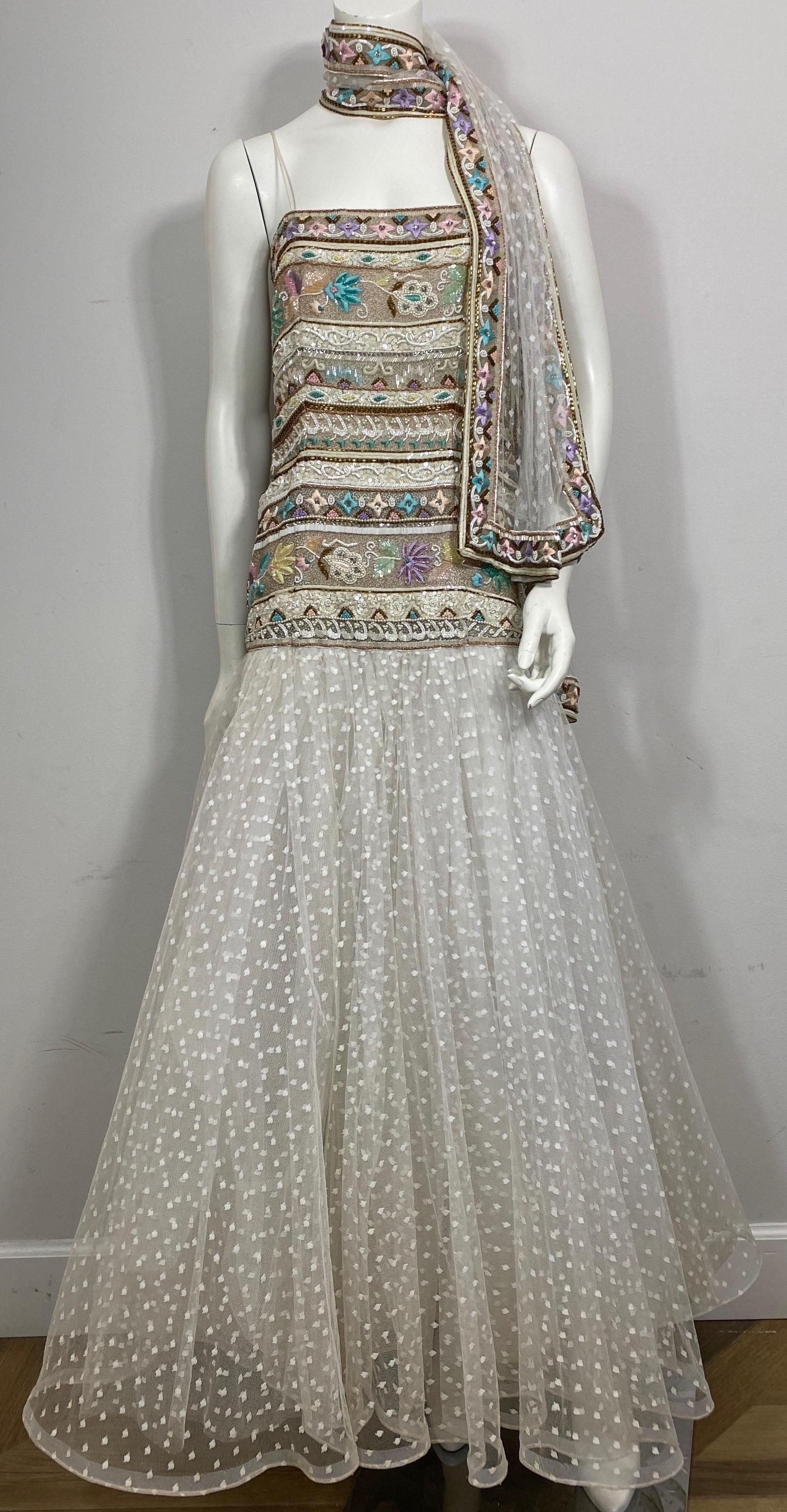 Brown Richilene 1980's Winter White and Pastel Heavily Beaded Point D’Esprit Gown-12 For Sale