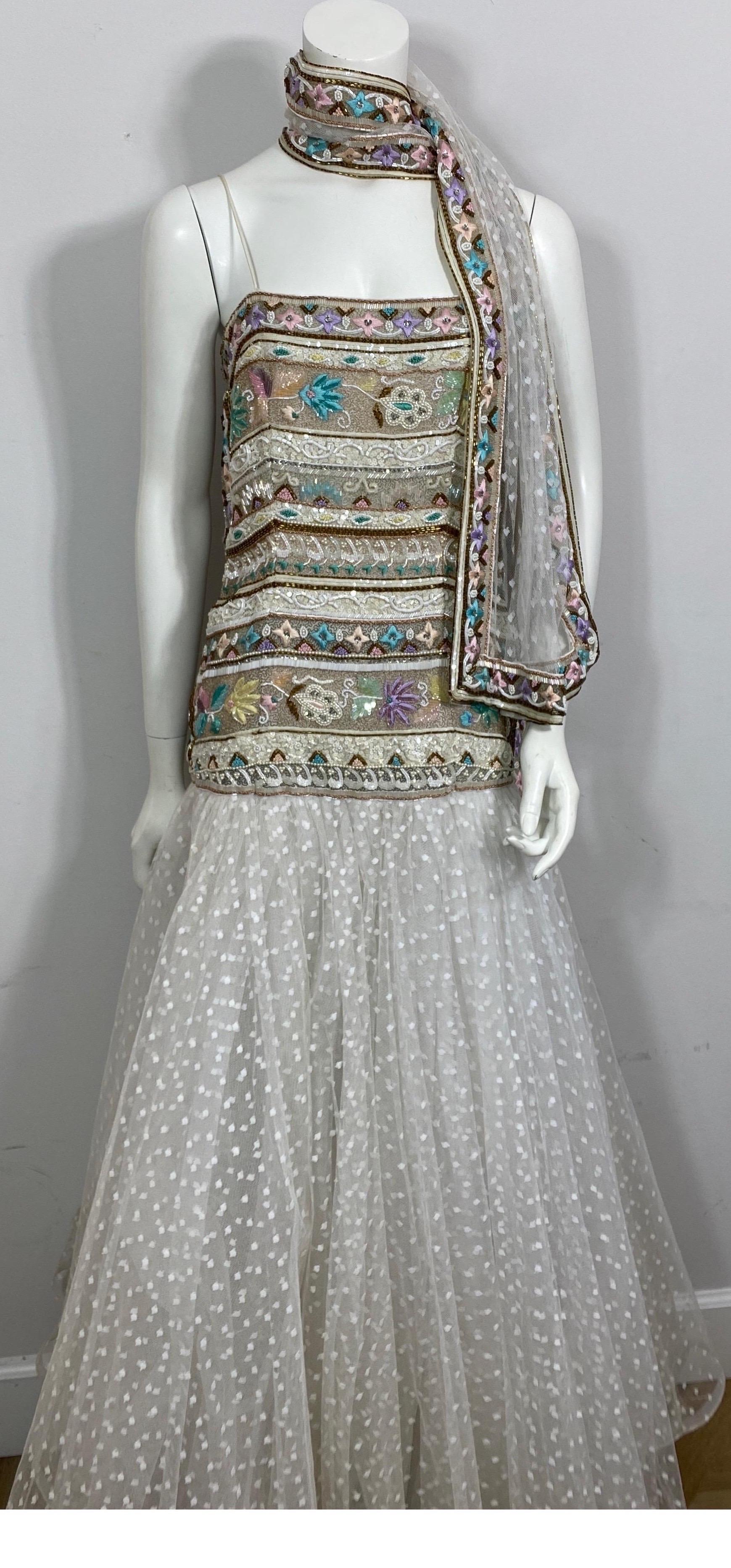 Richilene 1980's Winter White and Pastel Heavily Beaded Point D’Esprit Gown-12 In Excellent Condition For Sale In West Palm Beach, FL