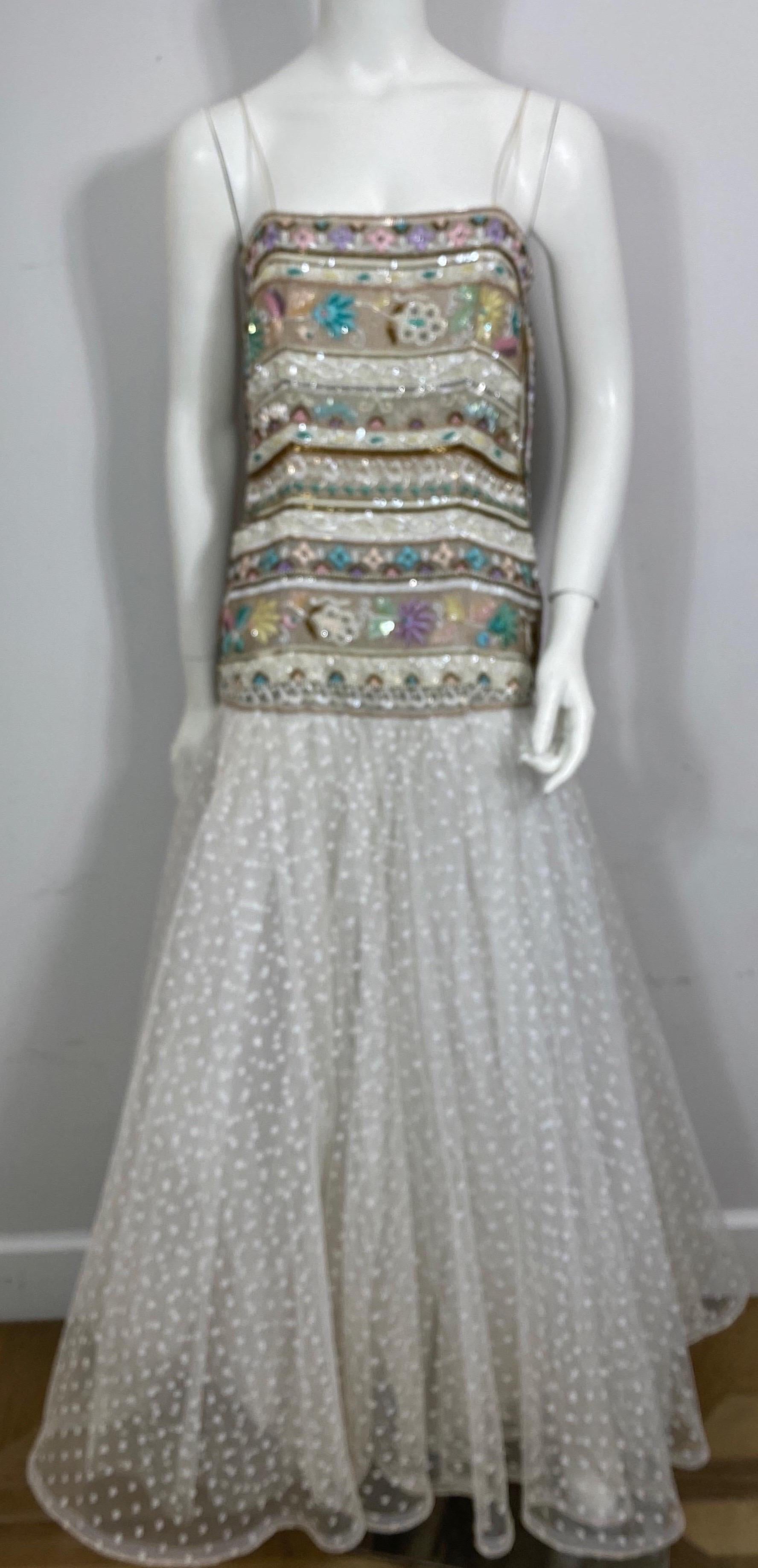 Richilene 1980's Winter White and Pastel Heavily Beaded Point D’Esprit Gown-12 For Sale 5