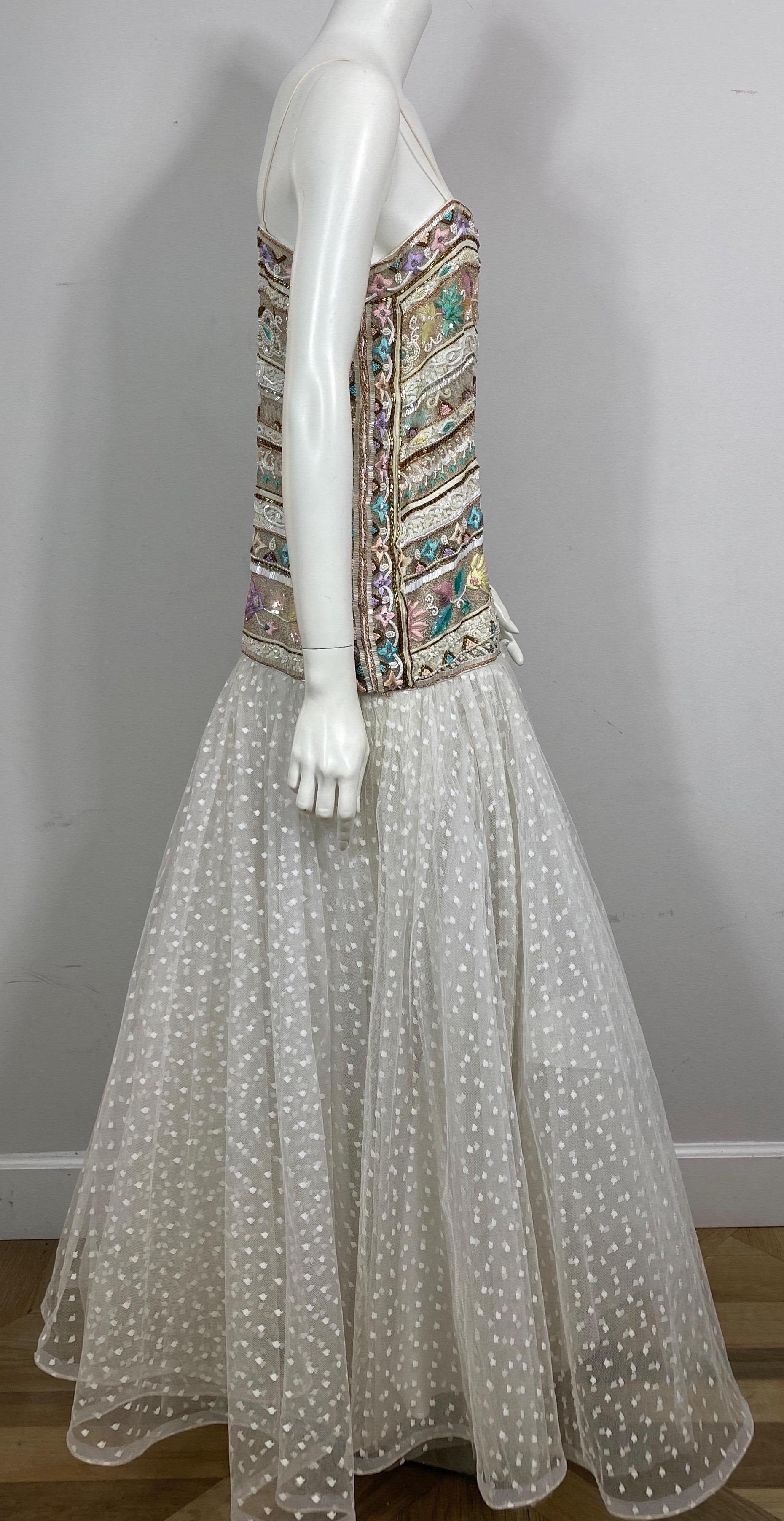 Richilene 1980's Winter White and Pastel Heavily Beaded Point D’Esprit Gown-12 For Sale 7
