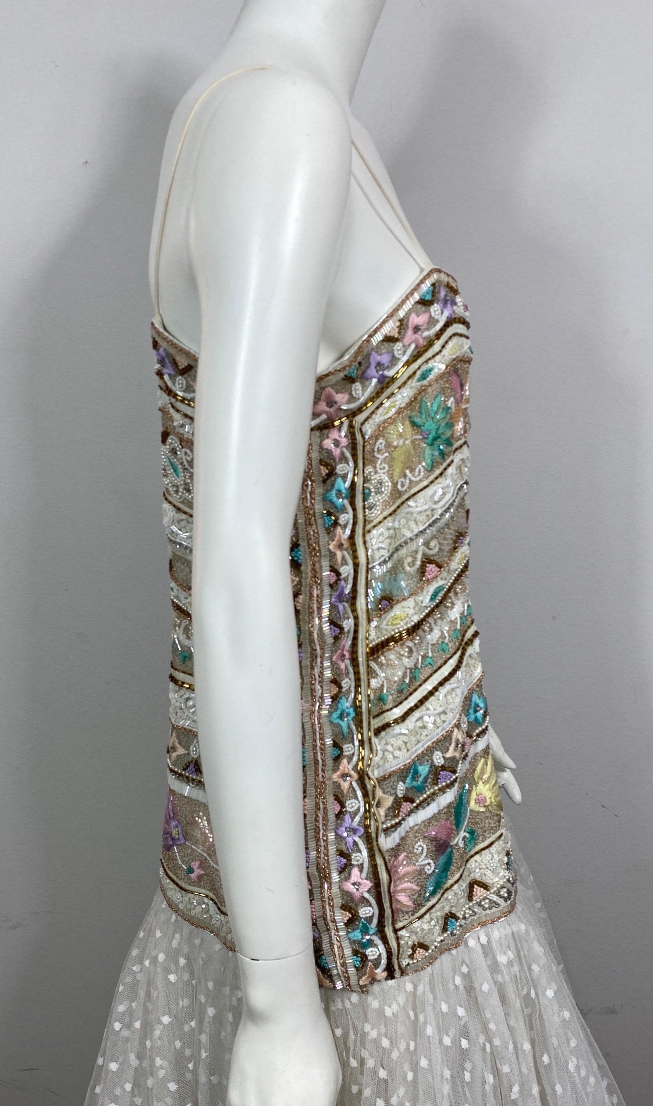 Richilene 1980's Winter White and Pastel Heavily Beaded Point D’Esprit Gown-12 For Sale 8