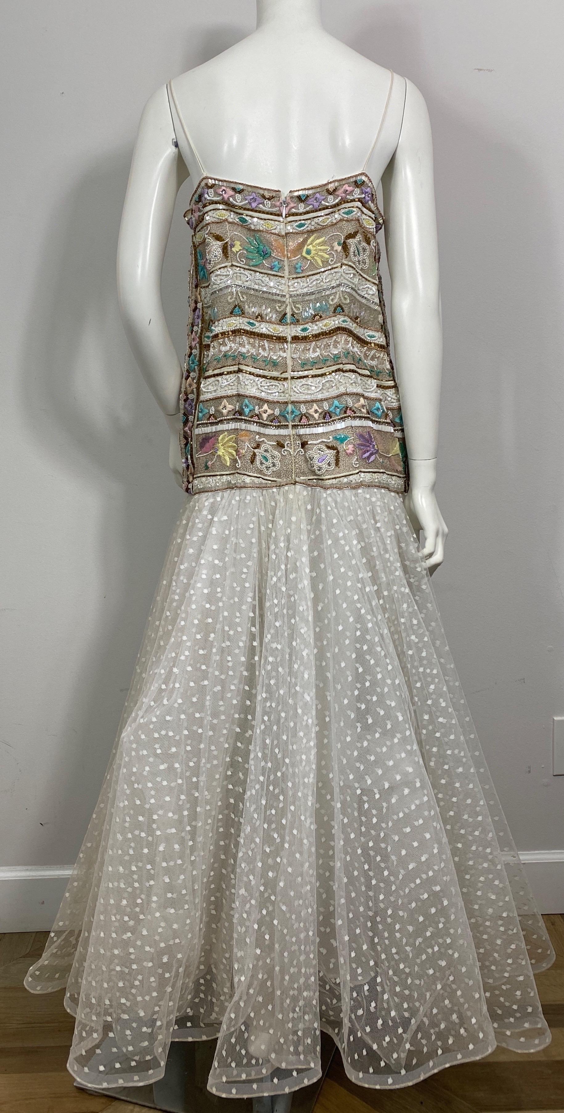 Richilene 1980's Winter White and Pastel Heavily Beaded Point D’Esprit Gown-12 For Sale 9