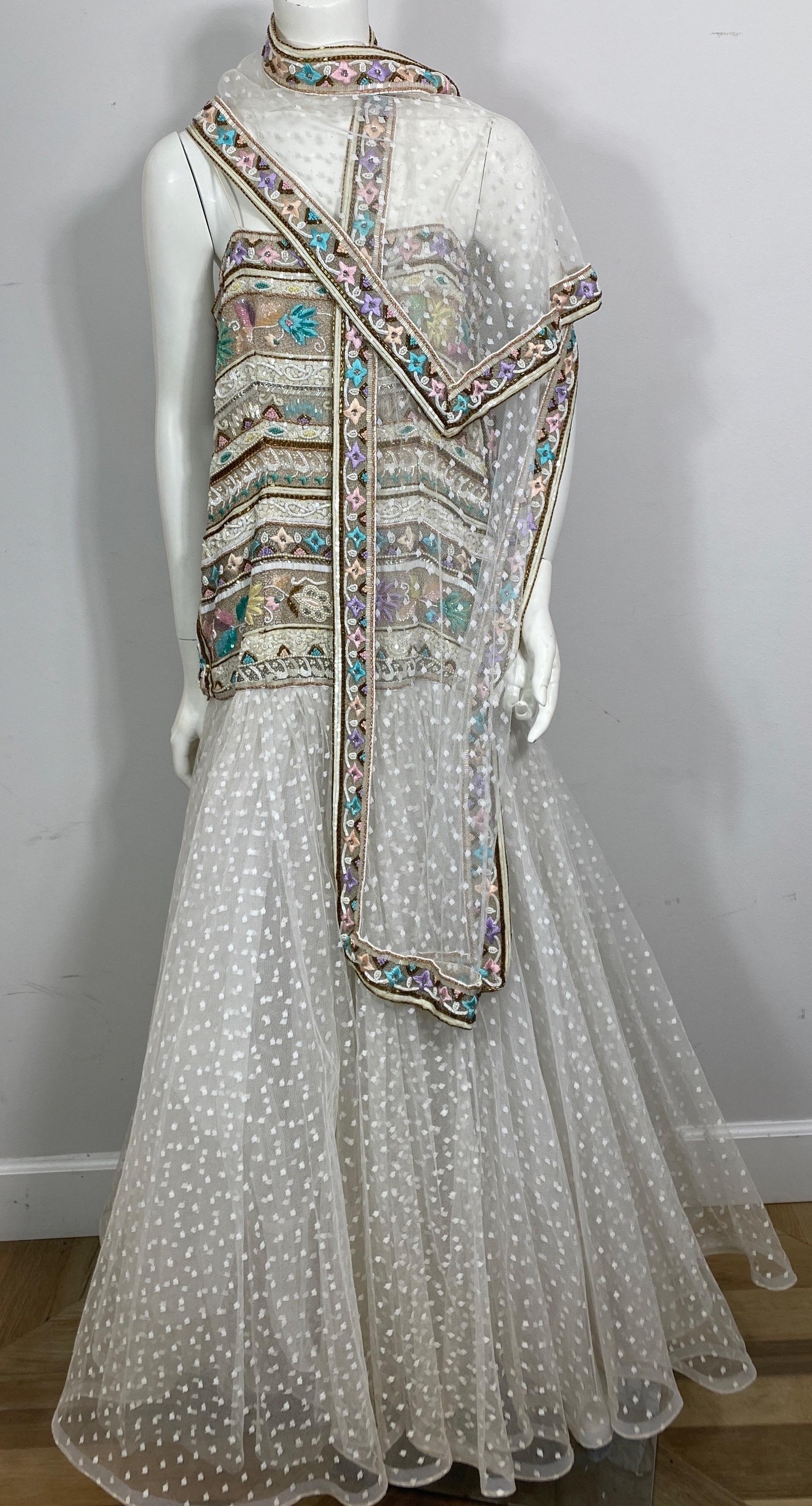 Richilene 1980's Winter White and Pastel Heavily Beaded Point D’Esprit Gown-12 For Sale 11