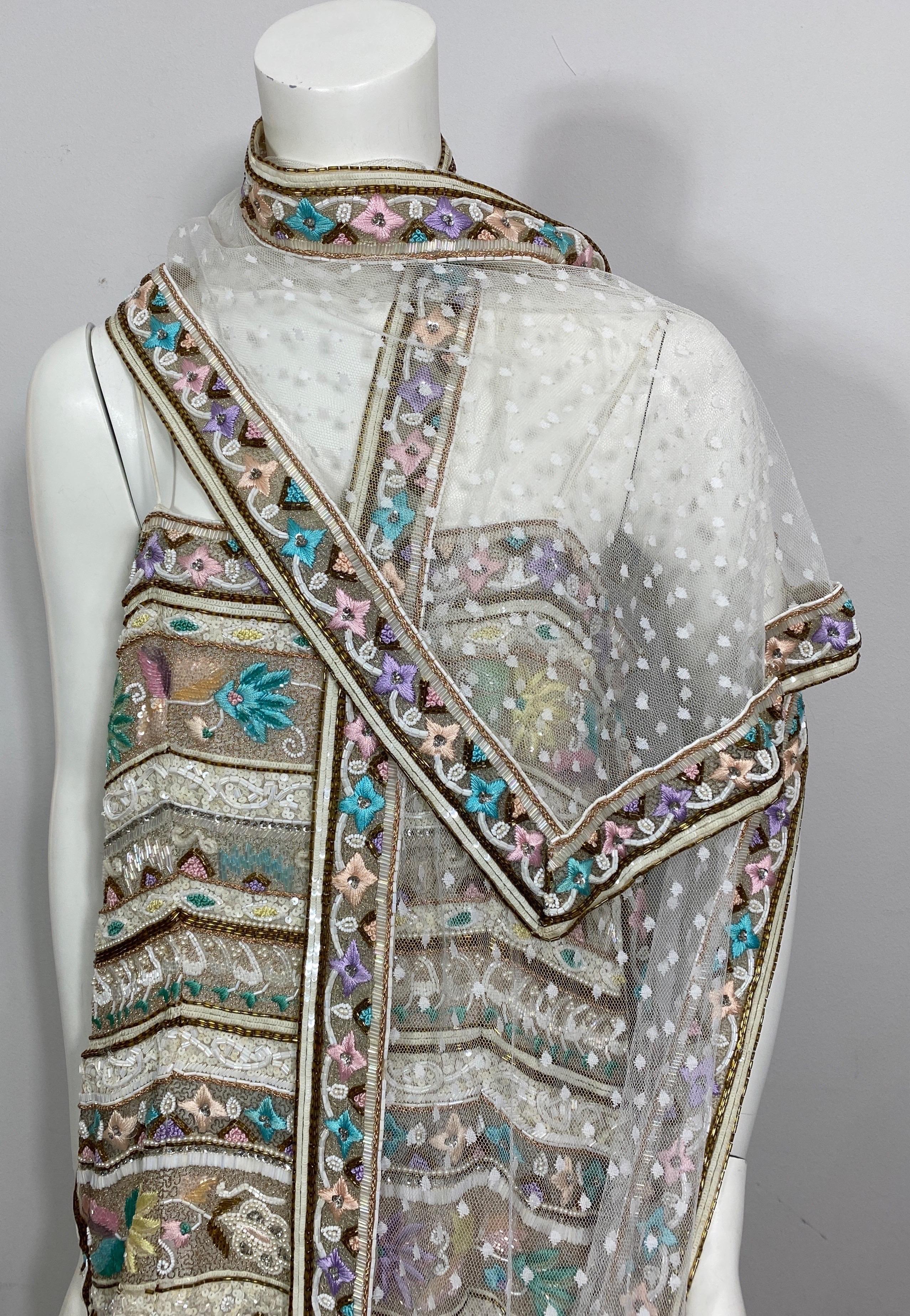 Richilene 1980's Winter White and Pastel Heavily Beaded Point D’Esprit Gown-12 For Sale 12