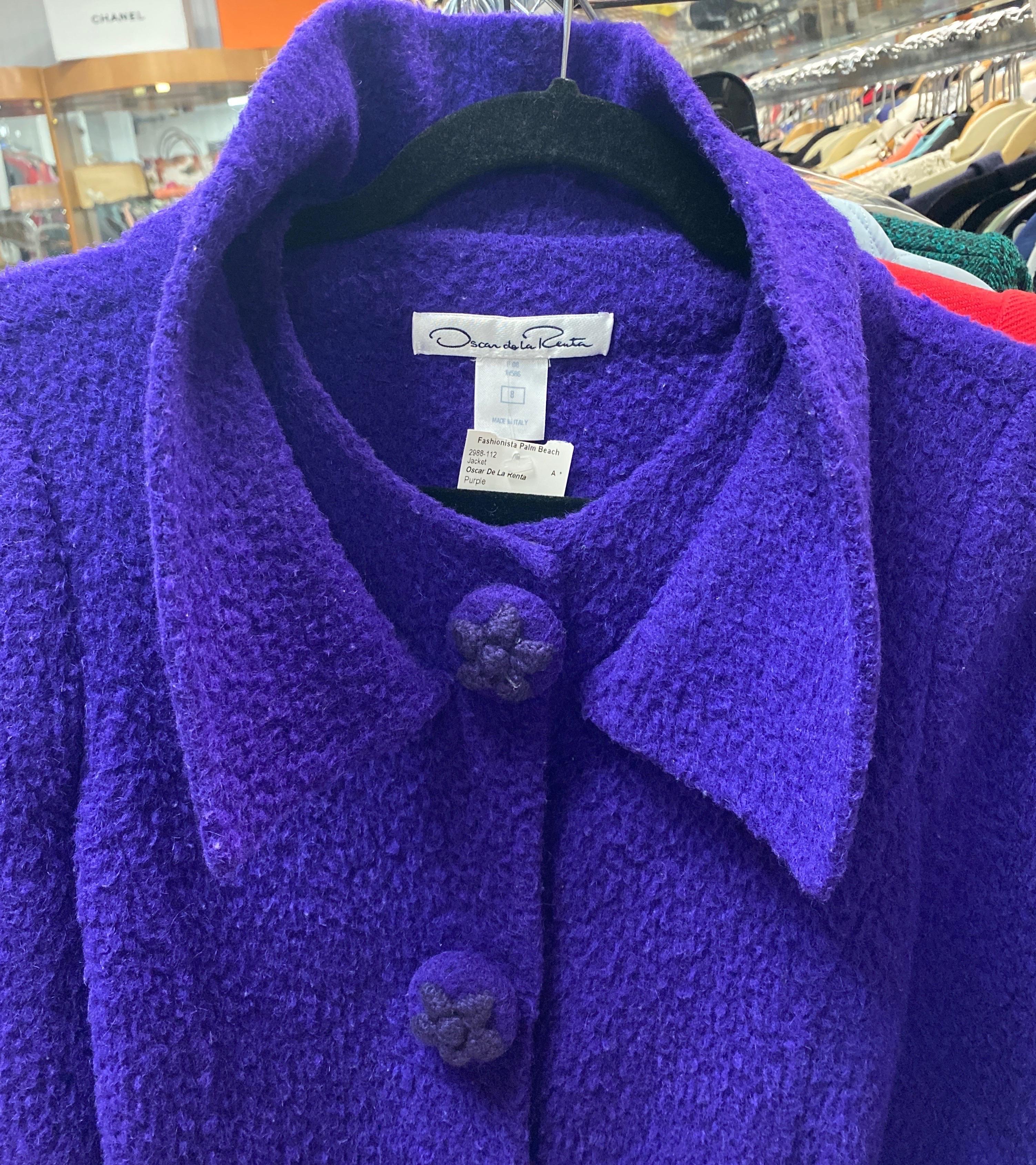 Oscar de la Renta Purple Alpaca Jacket with floral buttons-8 For Sale 3