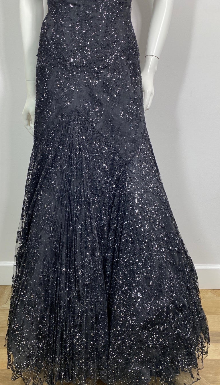 Vicky Tiel Black And Silver Tulle Lace Off The Shoulder Gown - 42 Vicky Tiel Black And Silver Tulle Lace Off The Shoulder Gown - 42