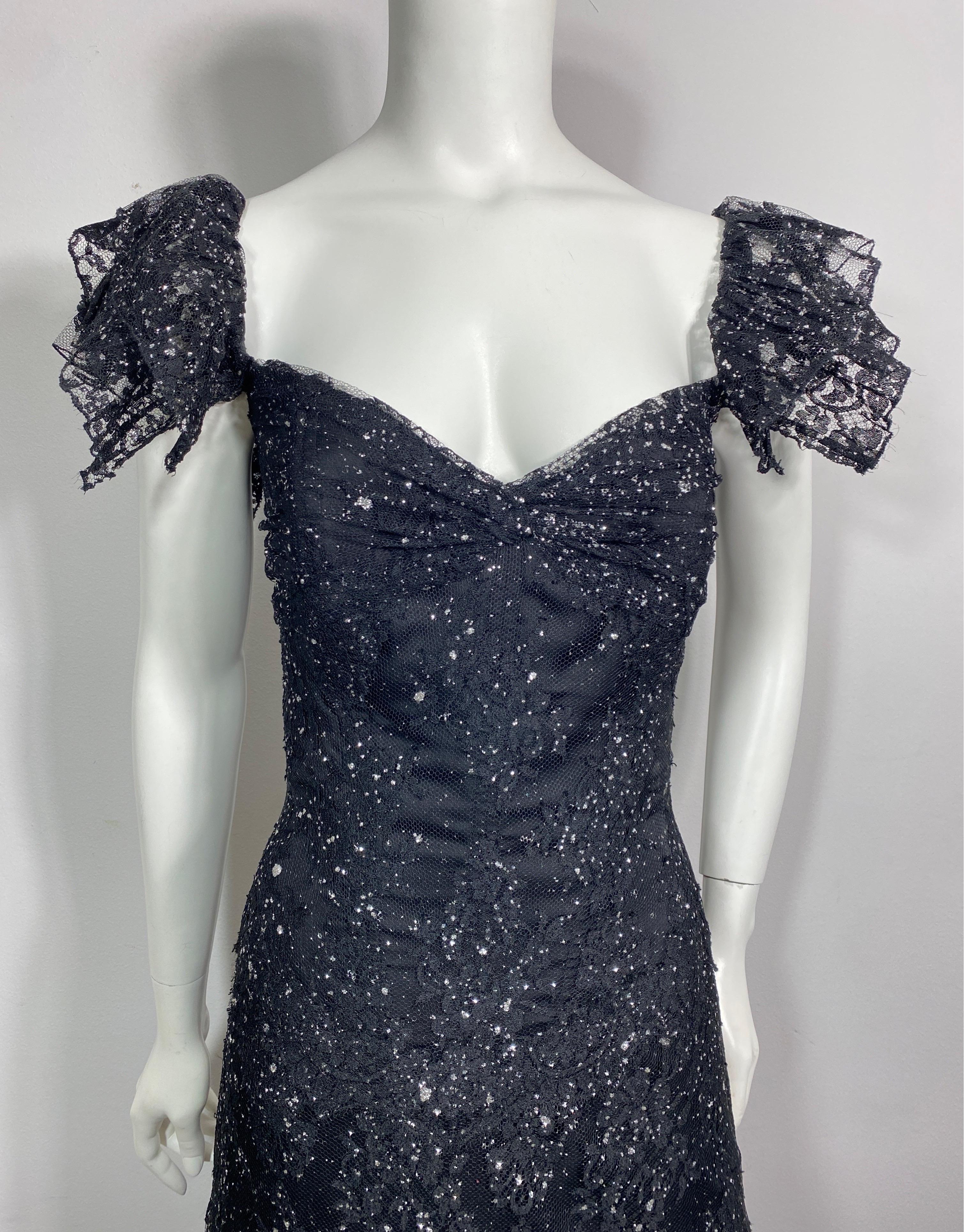 Vicky Tiel Black and Silver Tulle Lace Off the Shoulder Gown - 42 In Excellent Condition For Sale In West Palm Beach, FL