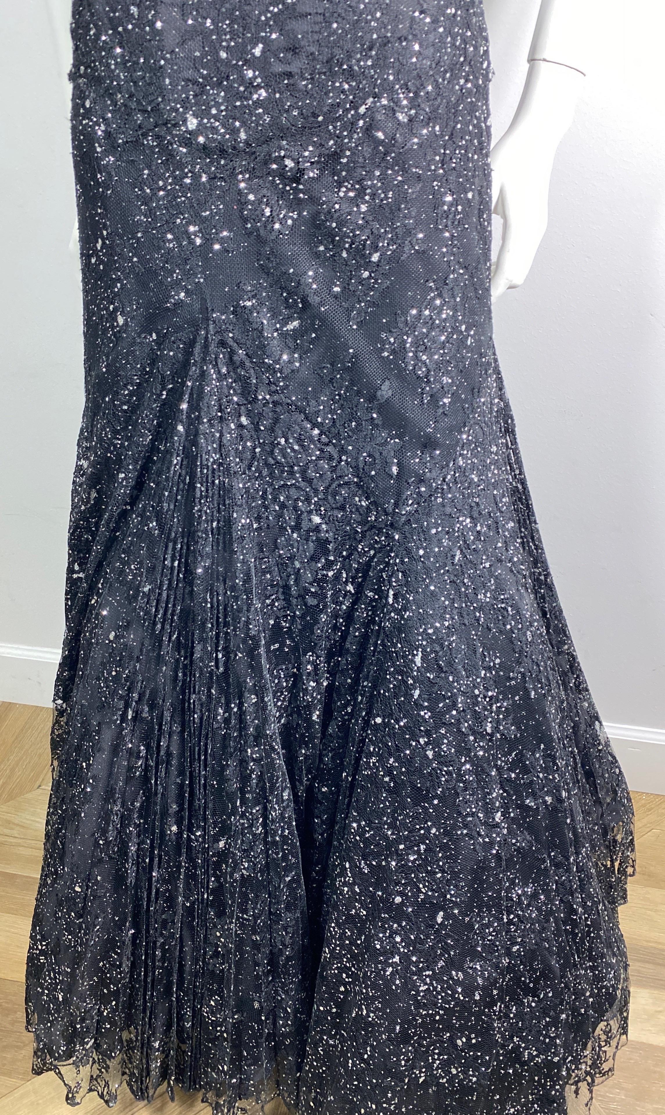 Vicky Tiel Black and Silver Tulle Lace Off the Shoulder Gown - 42 For Sale 1