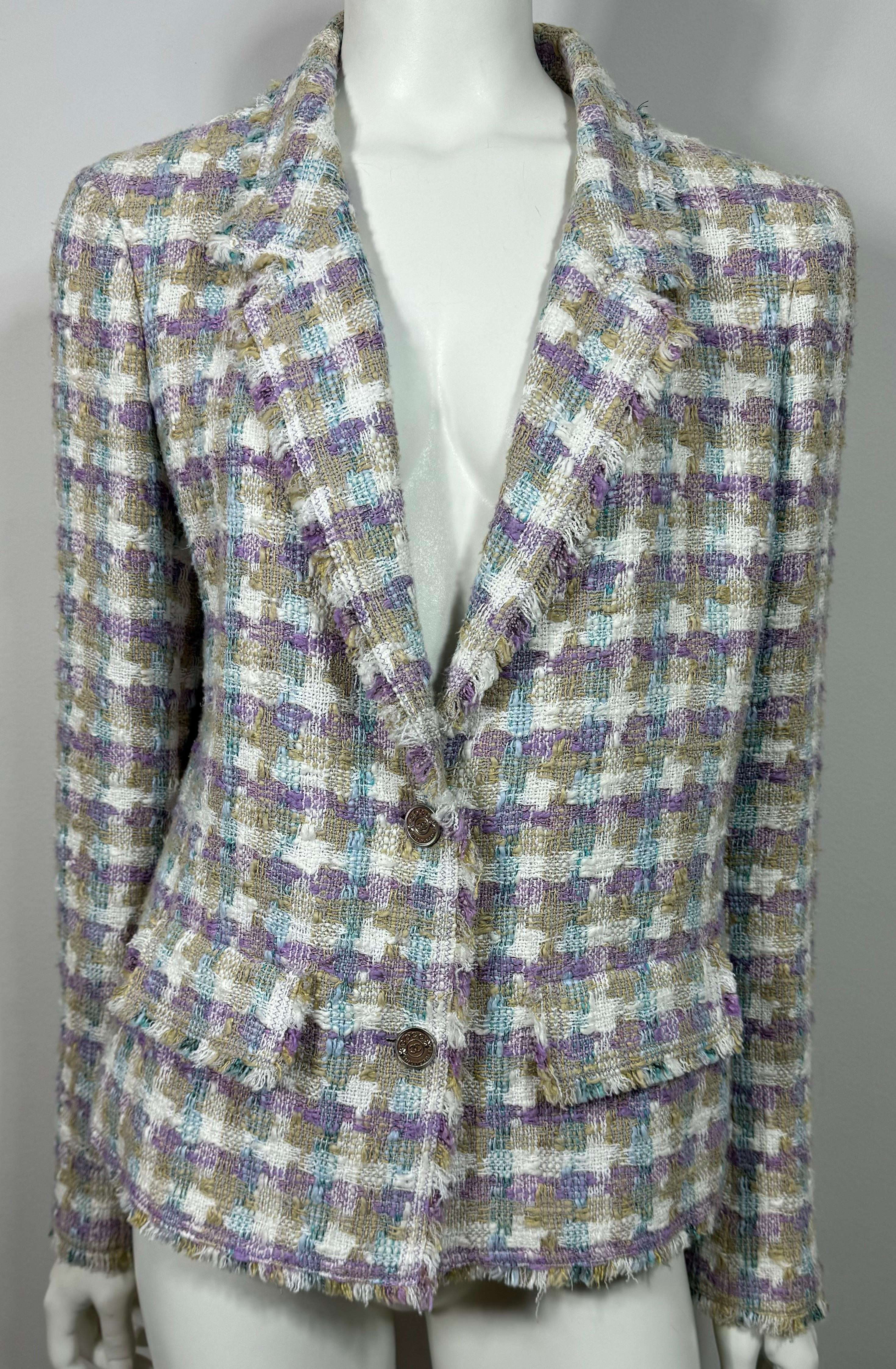 Chanel Spring 2005 Multi Pastel Tweed Single Breasted Jacket - Taille 44 Pour femmes en vente