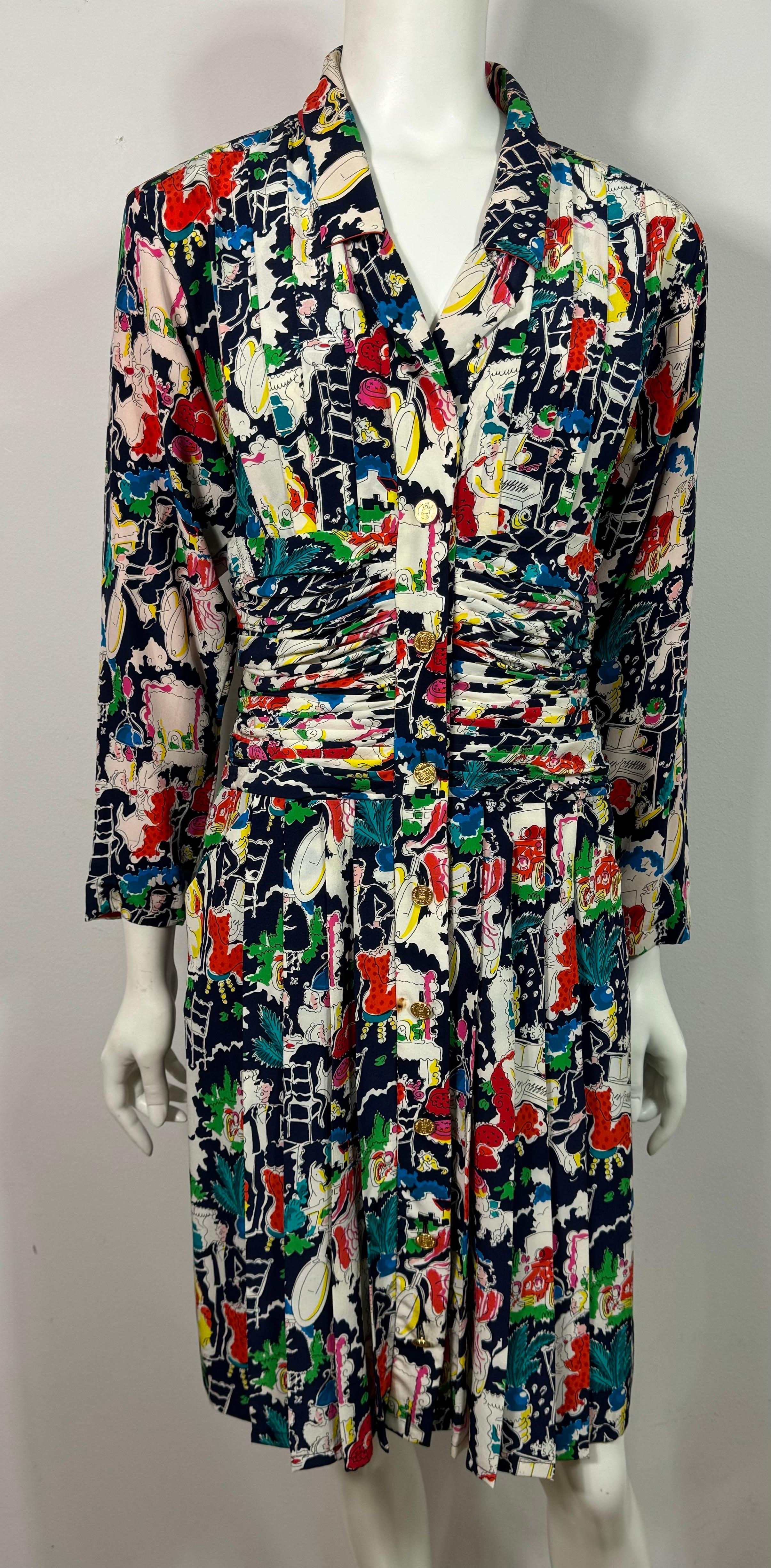 Women's Chanel Multi-color Silk Printed Dress & Coat Set - 42 - circa 1980's  For Sale