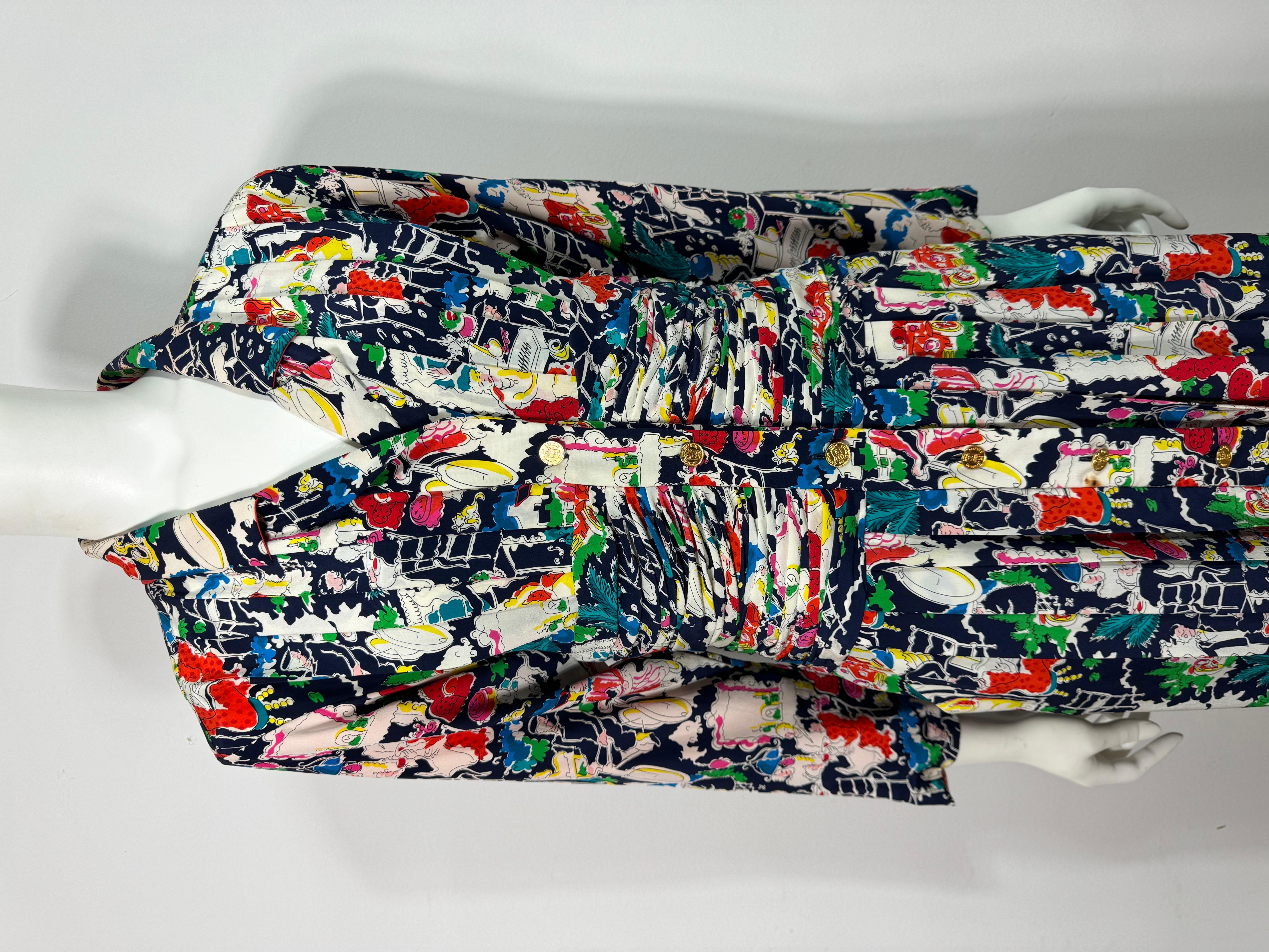 Chanel - Ensemble robe et manteau en soie imprimée multicolore - 42 - vers 1980  en vente 1