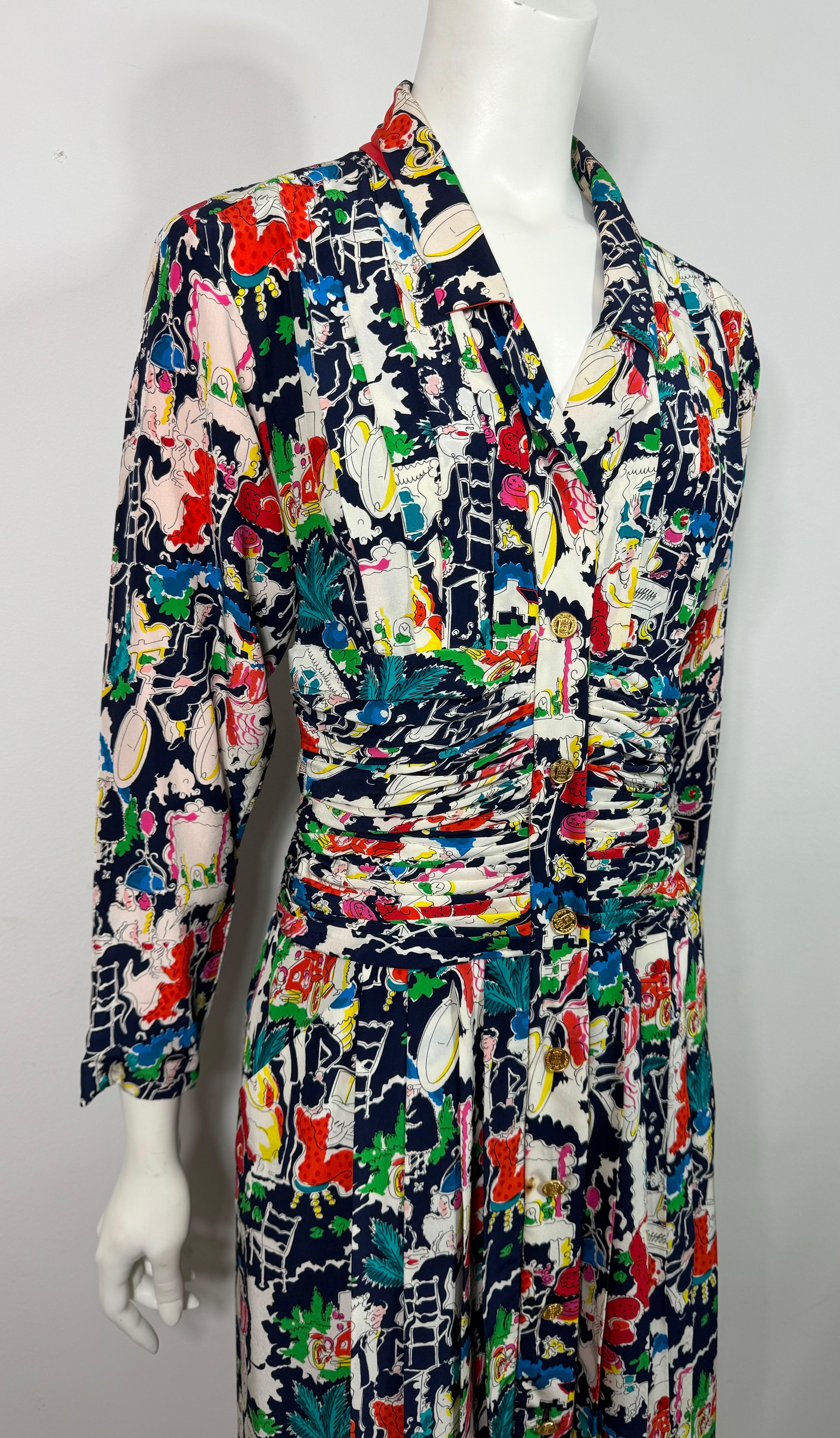 Chanel - Ensemble robe et manteau en soie imprimée multicolore - 42 - vers 1980  en vente 2
