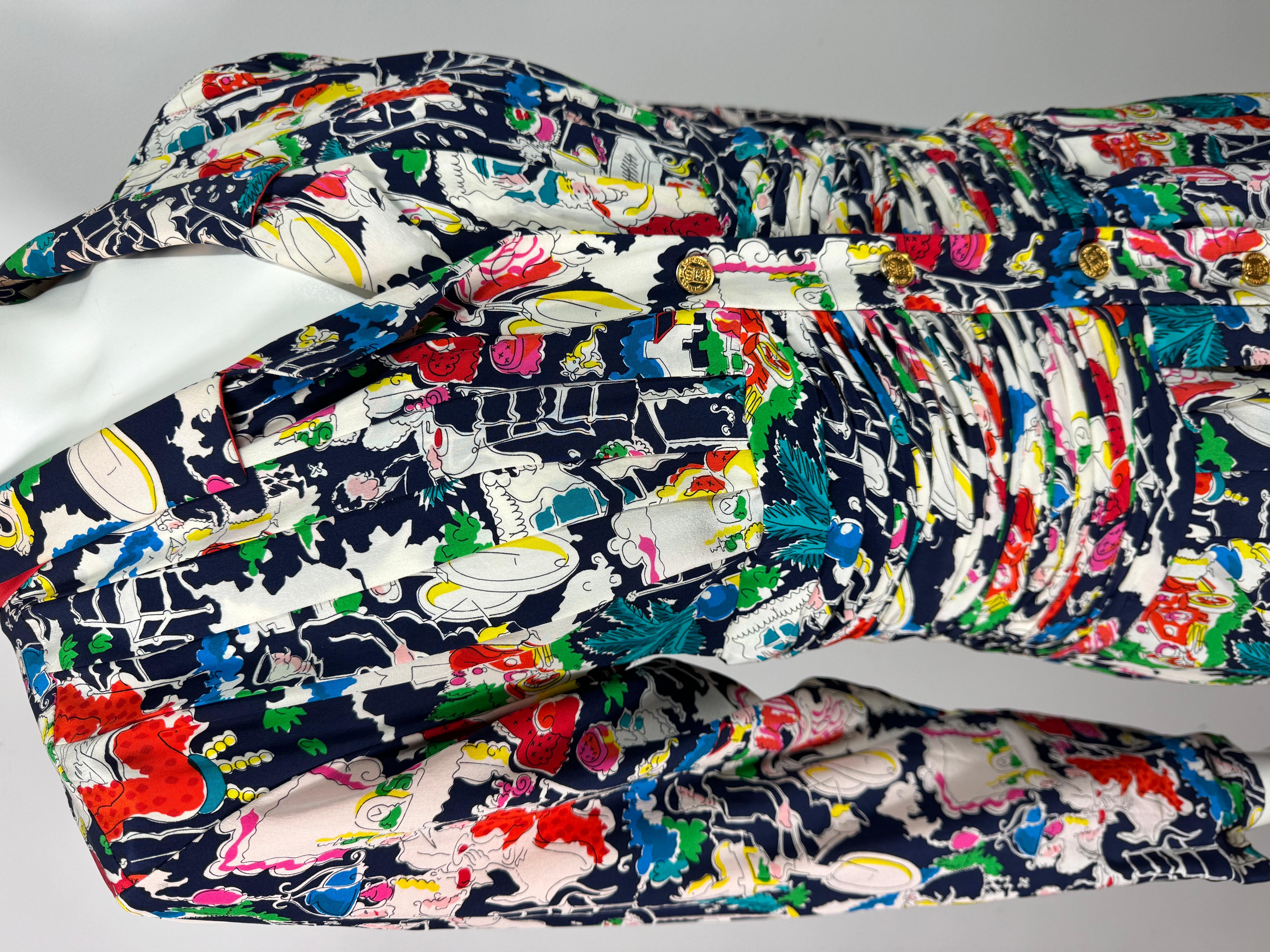 Chanel - Ensemble robe et manteau en soie imprimée multicolore - 42 - vers 1980 en vente 3
