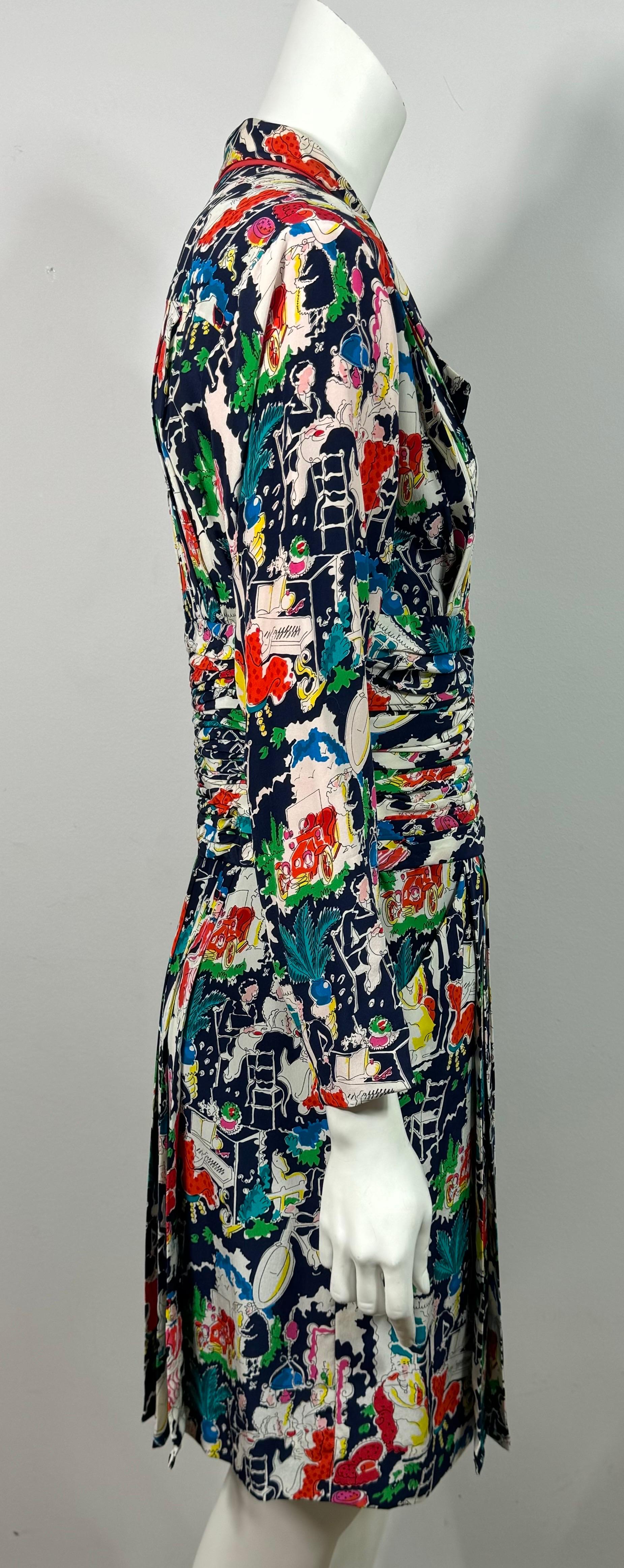 Chanel - Ensemble robe et manteau en soie imprimée multicolore - 42 - vers 1980 en vente 6