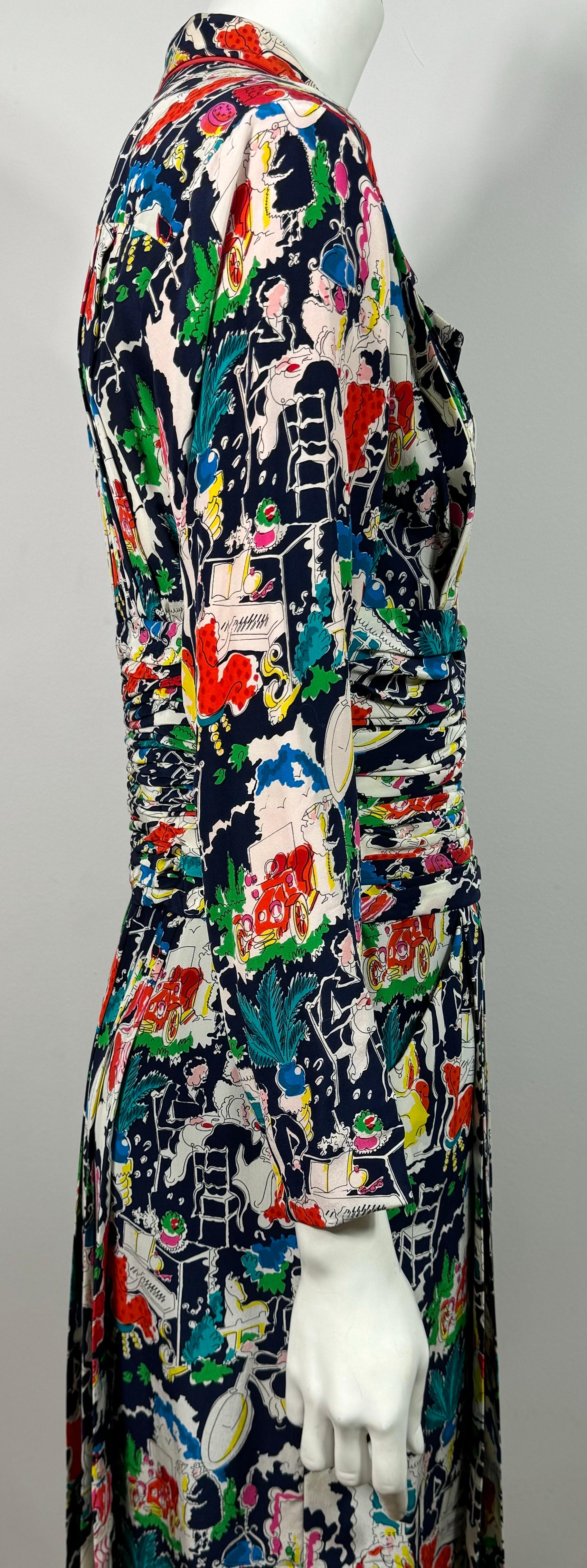 Chanel - Ensemble robe et manteau en soie imprimée multicolore - 42 - vers 1980  en vente 7