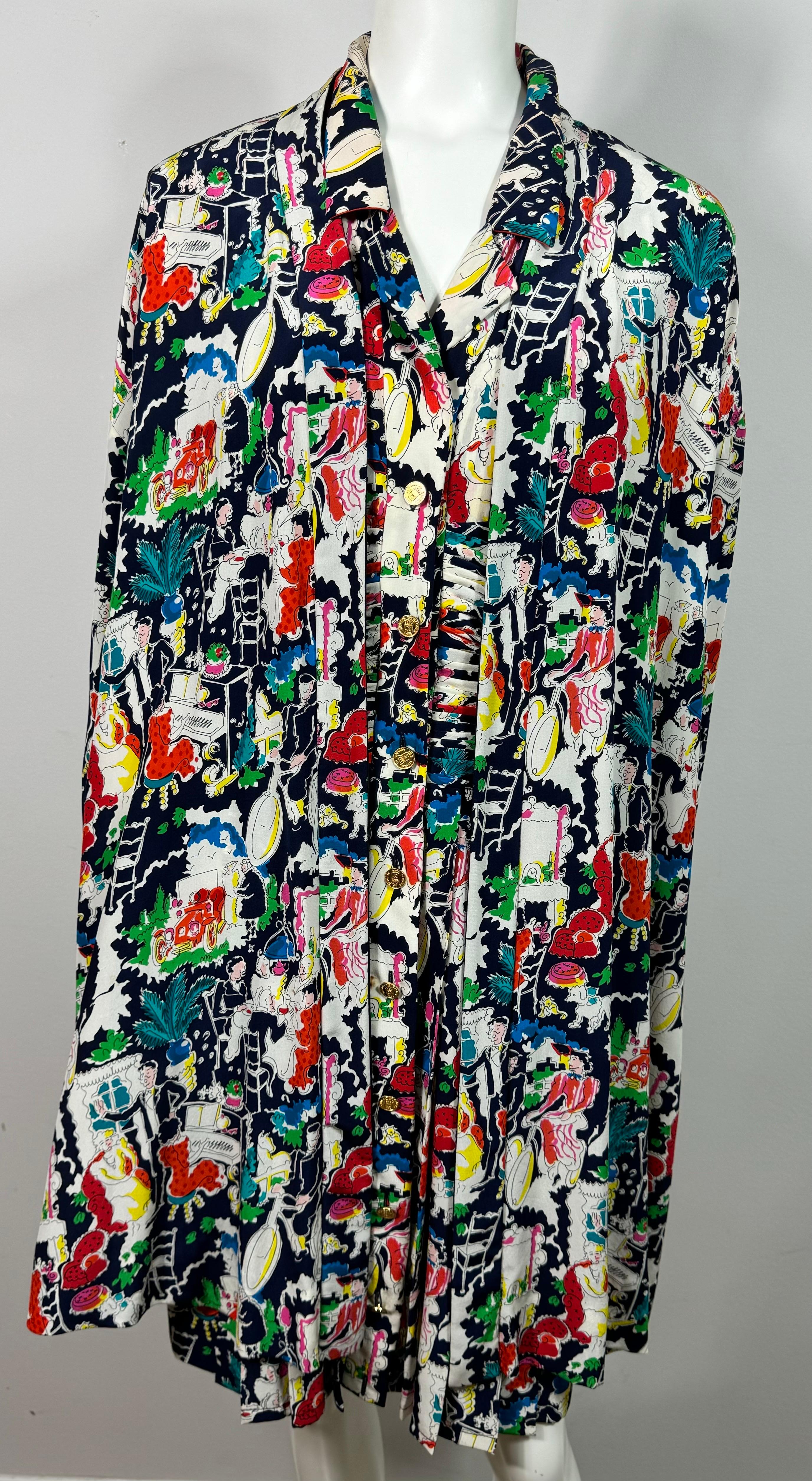 Chanel - Ensemble robe et manteau en soie imprimée multicolore - 42 - vers 1980  en vente 8