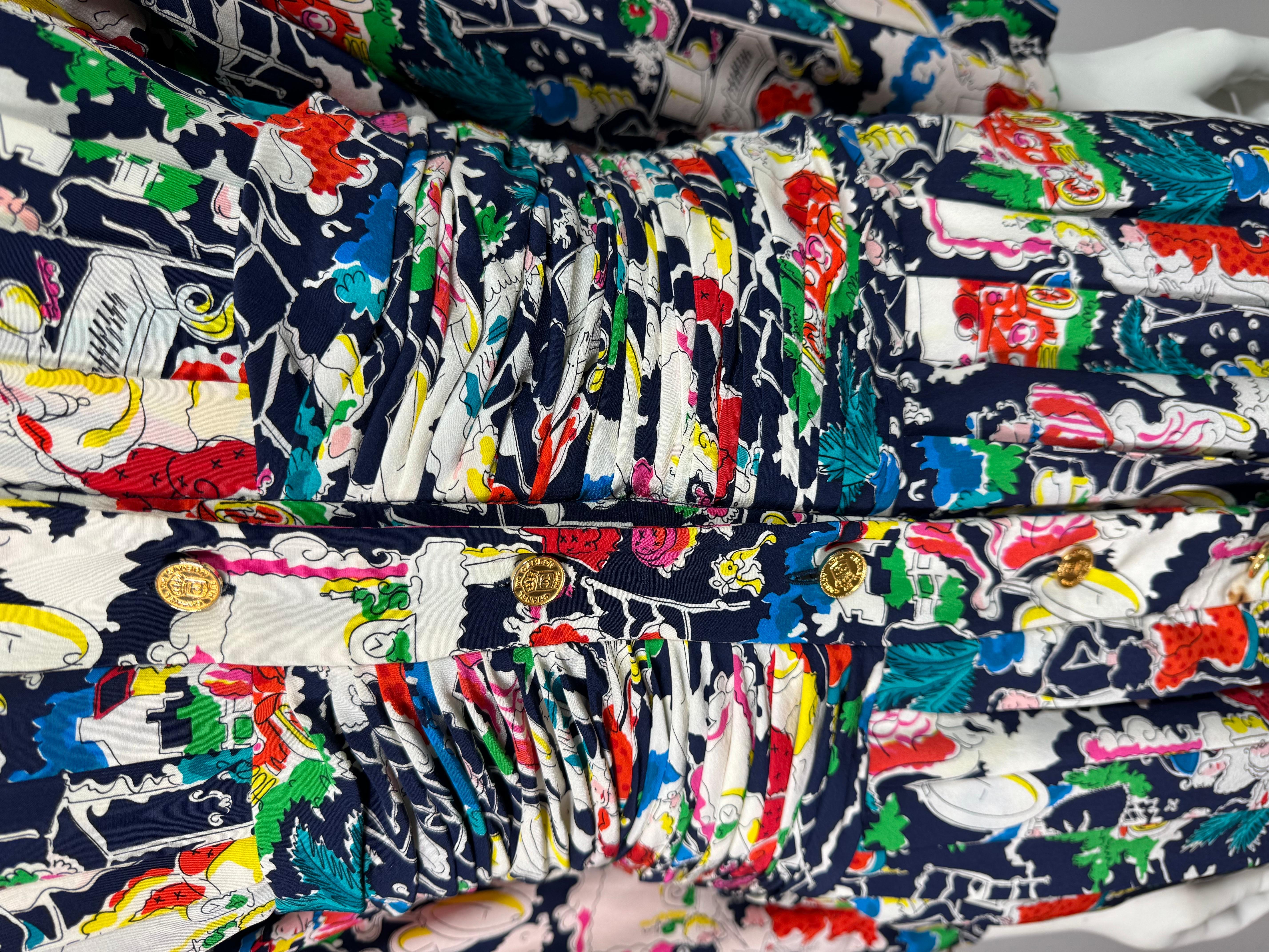 Chanel - Ensemble robe et manteau en soie imprimée multicolore - 42 - vers 1980 en vente 10