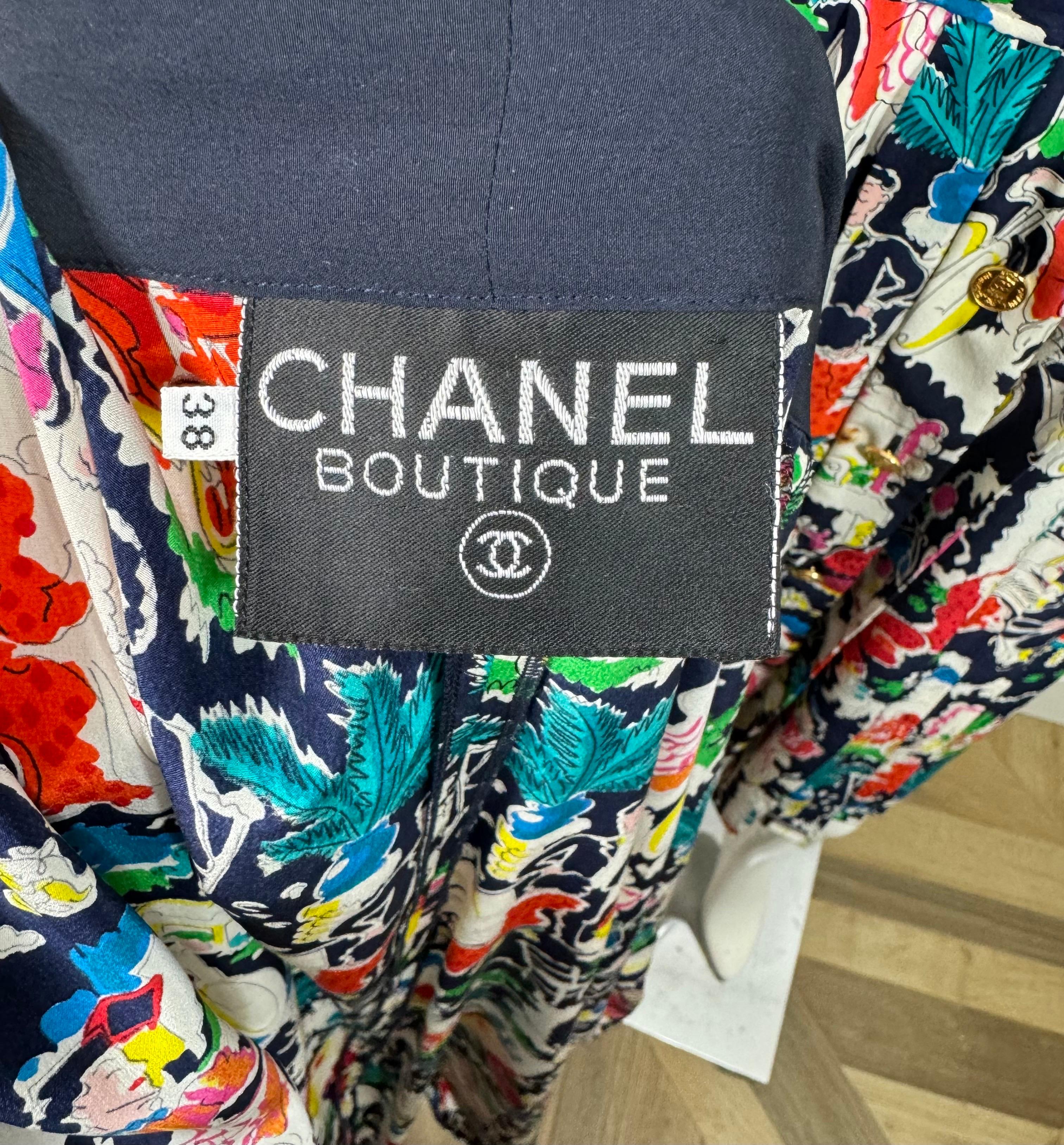 Chanel Chanel Mehrfarbig bedrucktes Seidenkleid & Mantel-Set - 42 - ca. 1980er Jahre  im Angebot 12