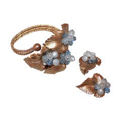 Napier 1950's Goldtone Vine with Blue Beads Cuff & Clip-on Earrings 1