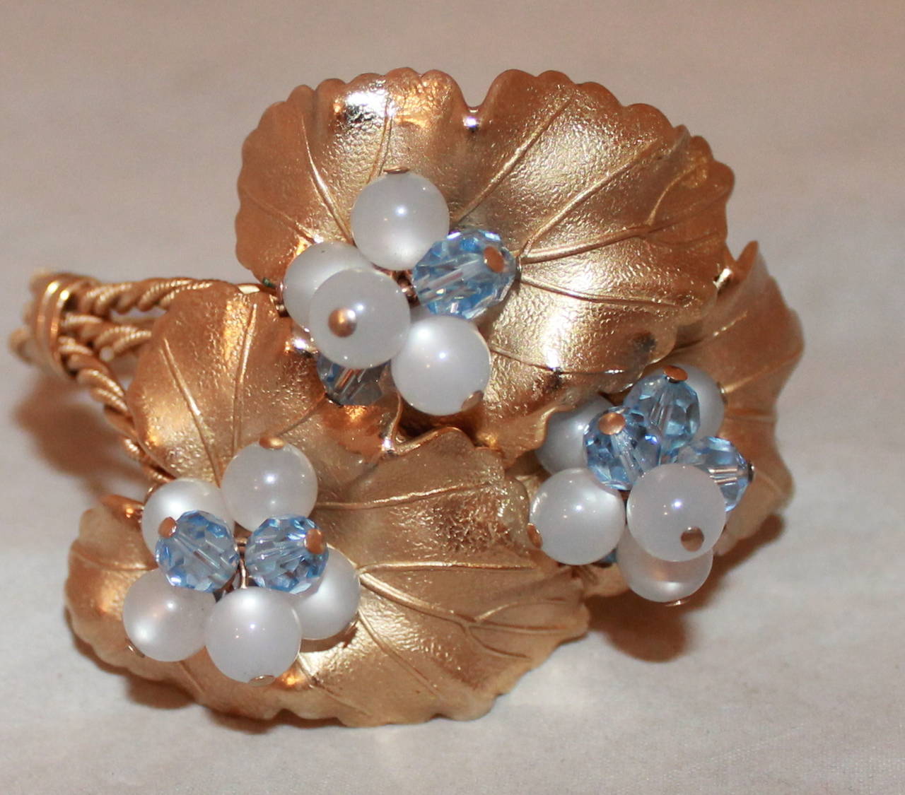 Napier 1950's Goldtone Vine with Blue Beads Cuff & Clip-on Earrings 2