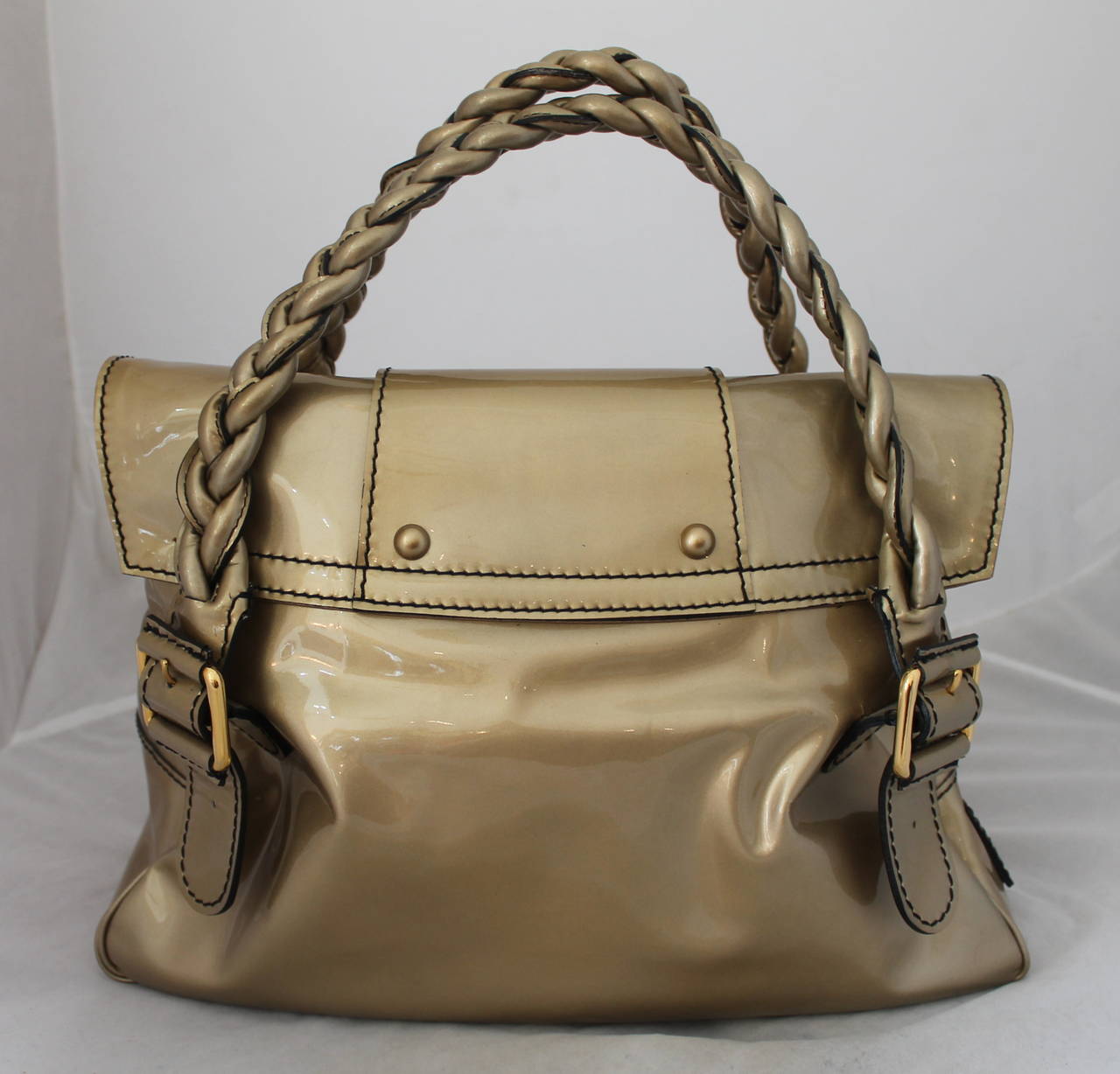 Brown Valentino Gold Patent Leather Handbag with Braiding - rt. $1795