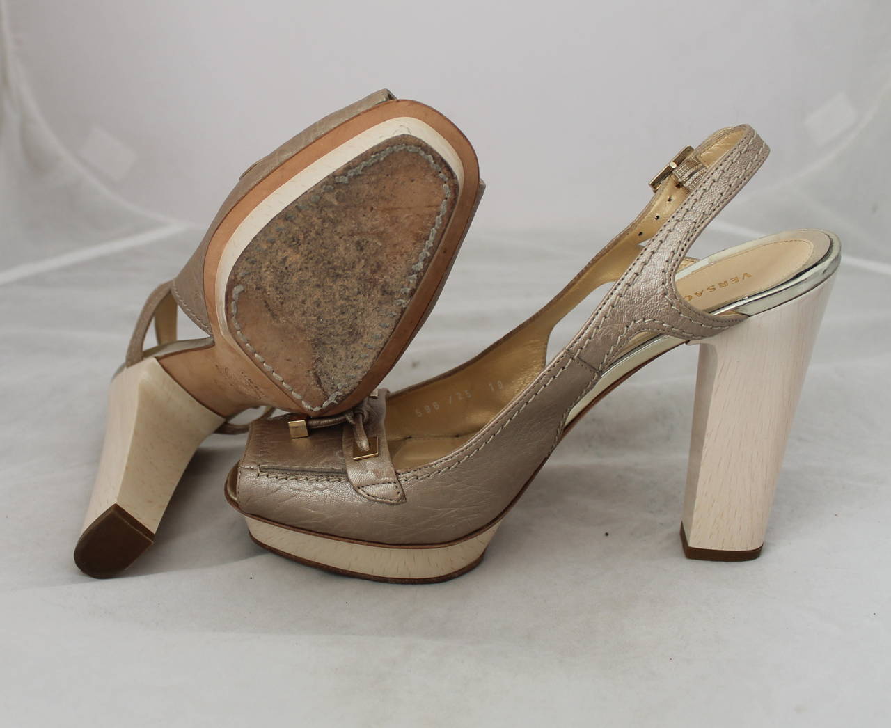 Women's Versace Metallic Tan Peep-toe Platform Heels - 40