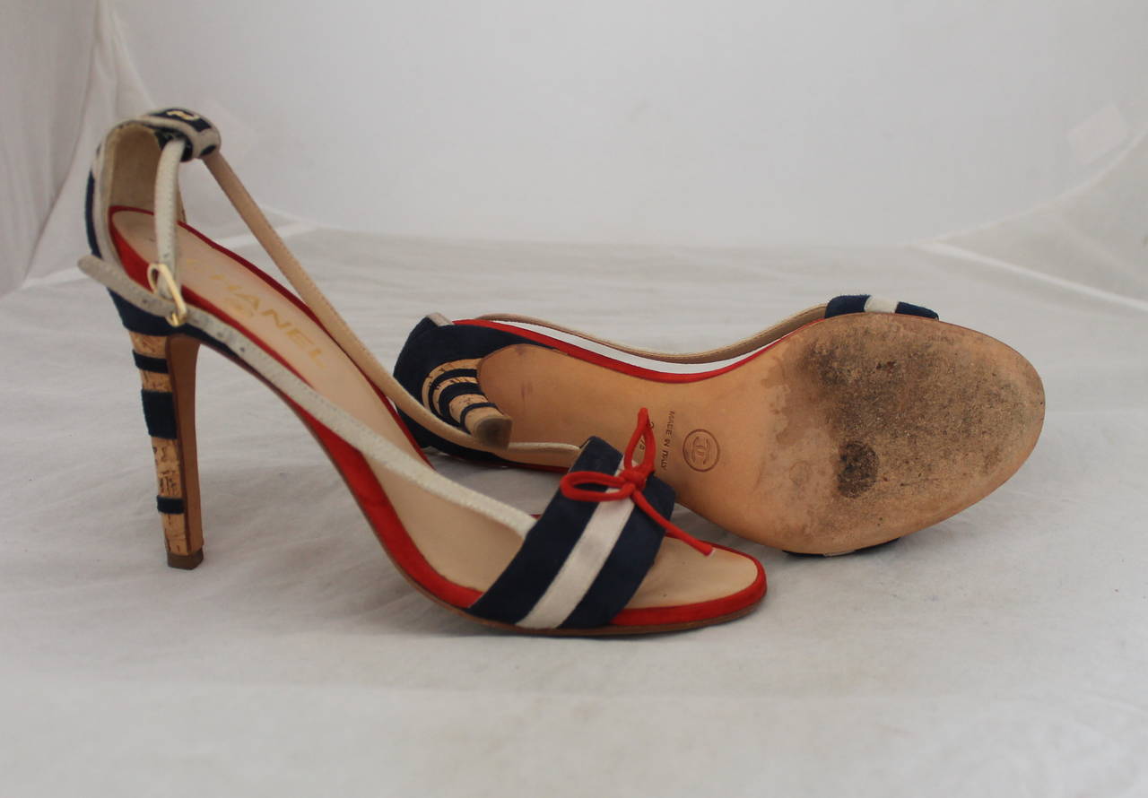 Women's Chanel Red, White, Blue Suede Cork Heels - 38.5