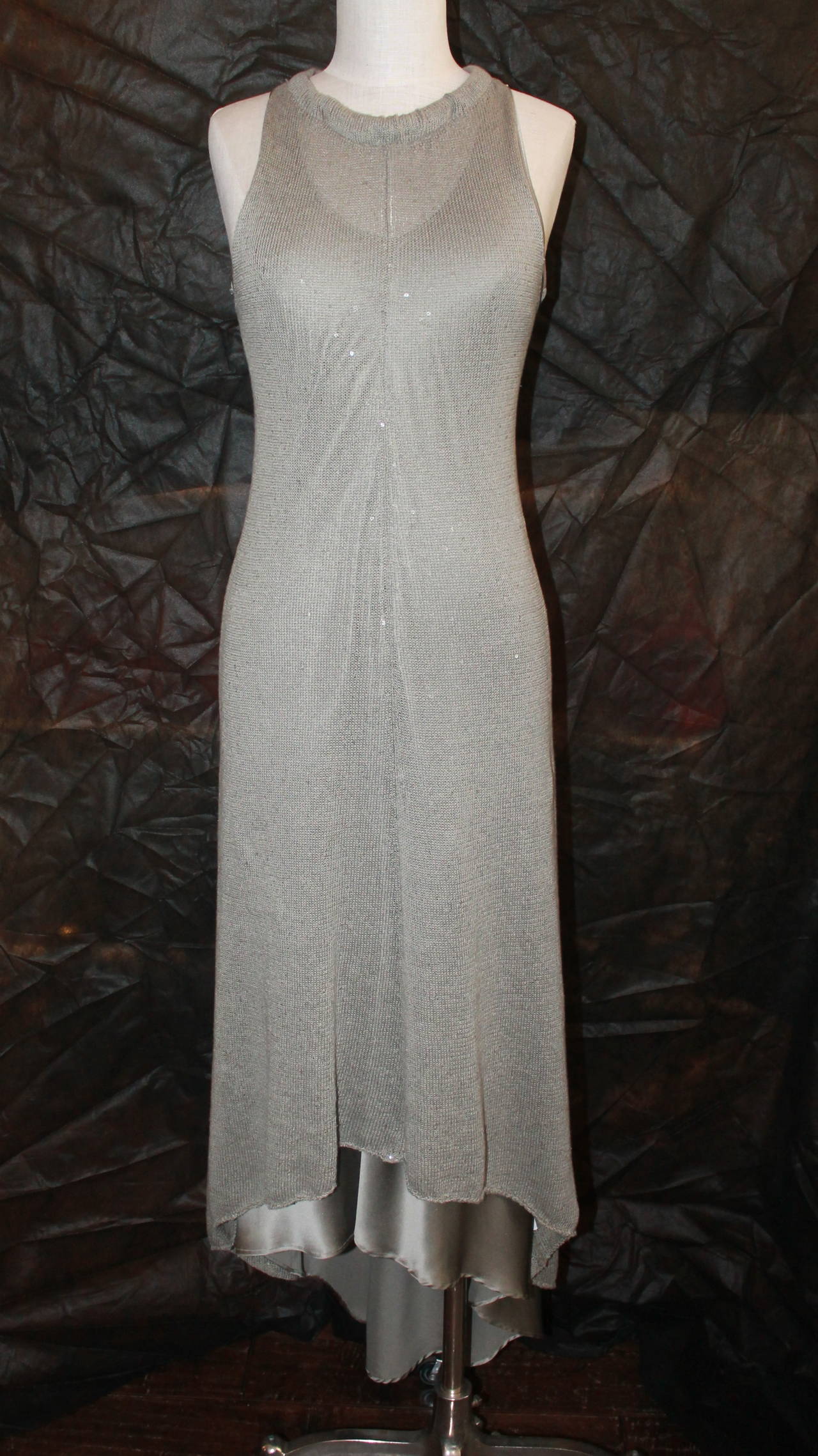 Brunello Cucinelli Taupe Knit High-Low Dress - S. This dress is in excellent condition and has a silk dress underneath. The knit fabric has clear sequins throughout. 

Measurements:
Bust- 28