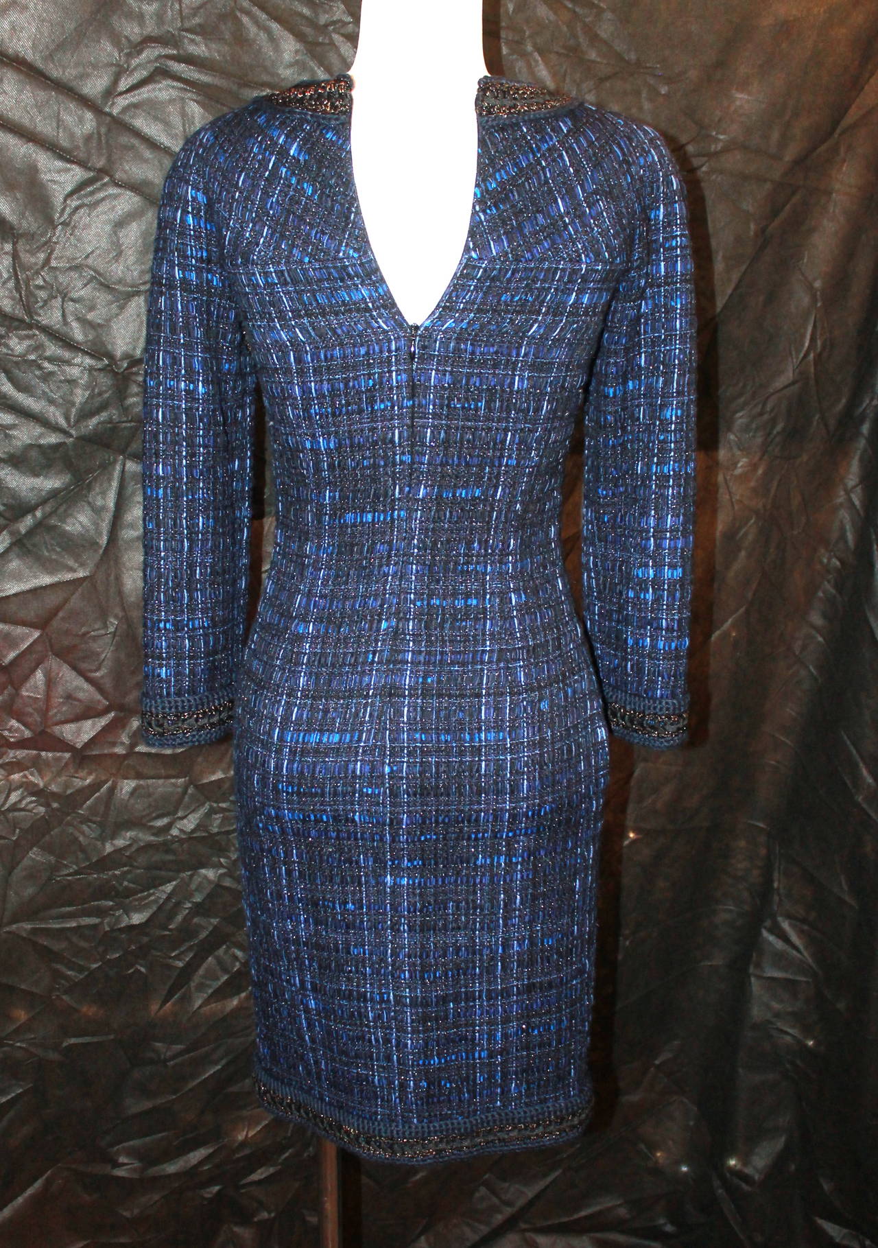 Chanel Navy Tweed Long Sleeve Dress - 34 - circa 2013 In Excellent Condition In West Palm Beach, FL