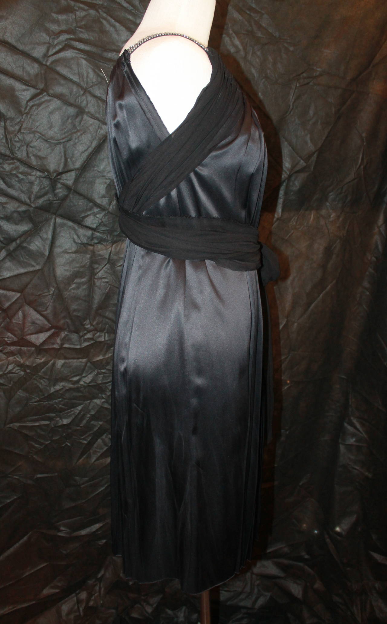 Women's Lanvin Black Silk Chiffon Dress with Rhinestone Straps & Long Sashes