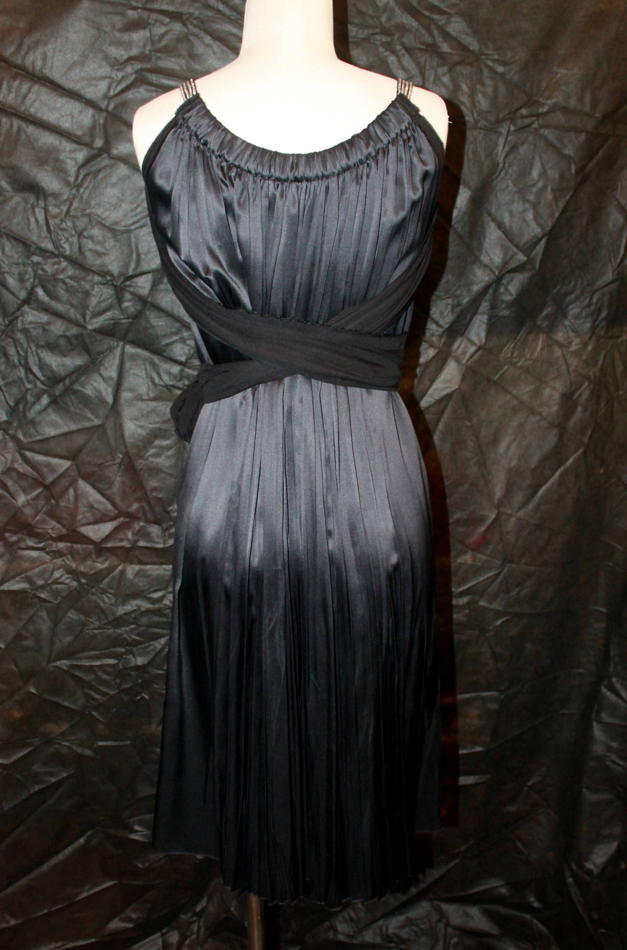 Lanvin Black Silk Chiffon Dress with Rhinestone Straps & Long Sashes 1