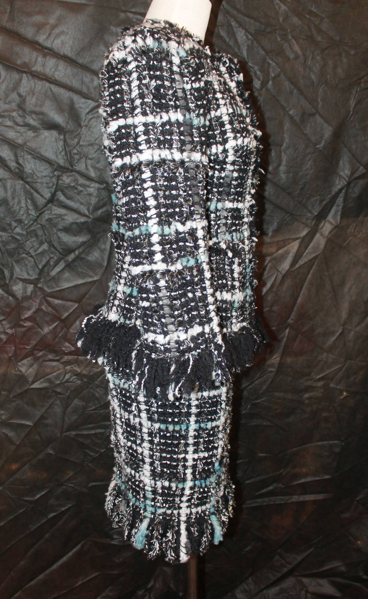 Chanel Blue, Silver, Black Tweed Skirt Suit with Fringe - 34 - cc 2013 In Excellent Condition In West Palm Beach, FL